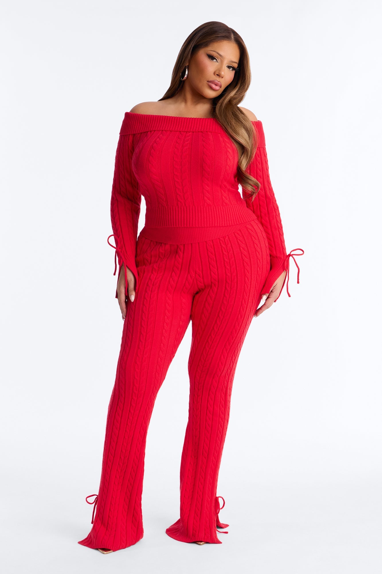 Mikayla Off Shoulder Sweater Pant Set - Red