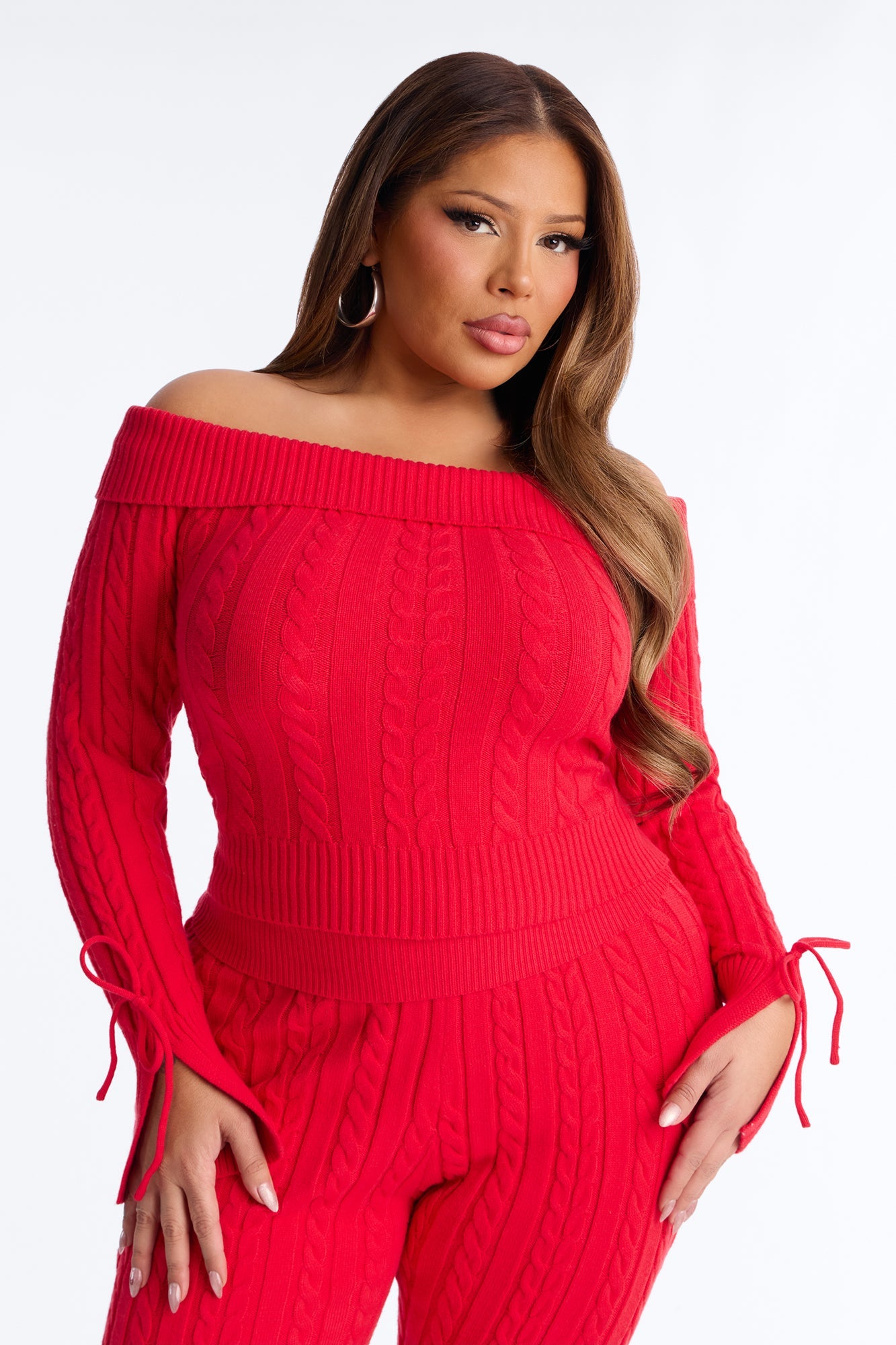 Mikayla Off Shoulder Sweater Pant Set - Red