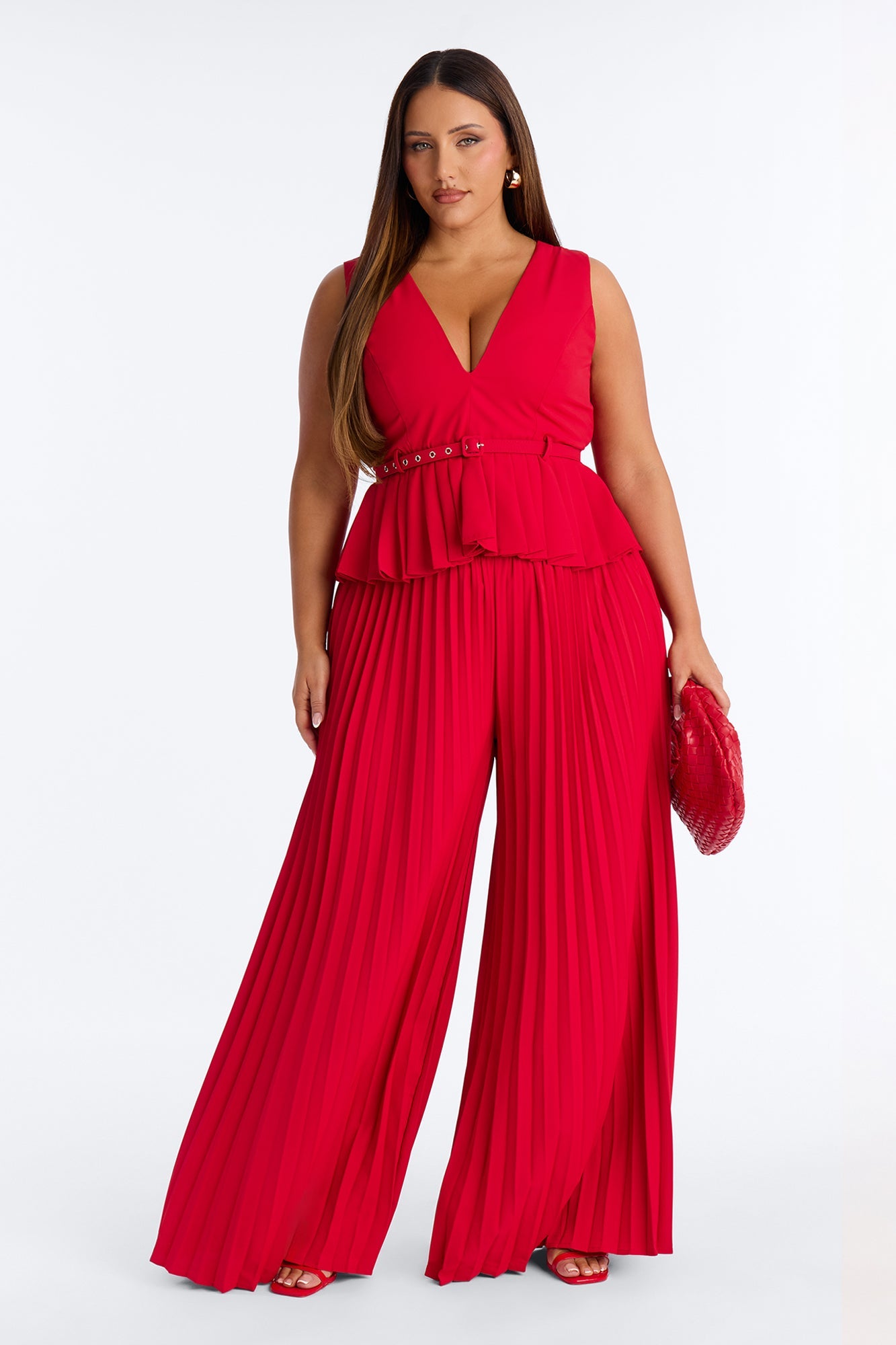 Norah Belted Pleated Pant Set - Red