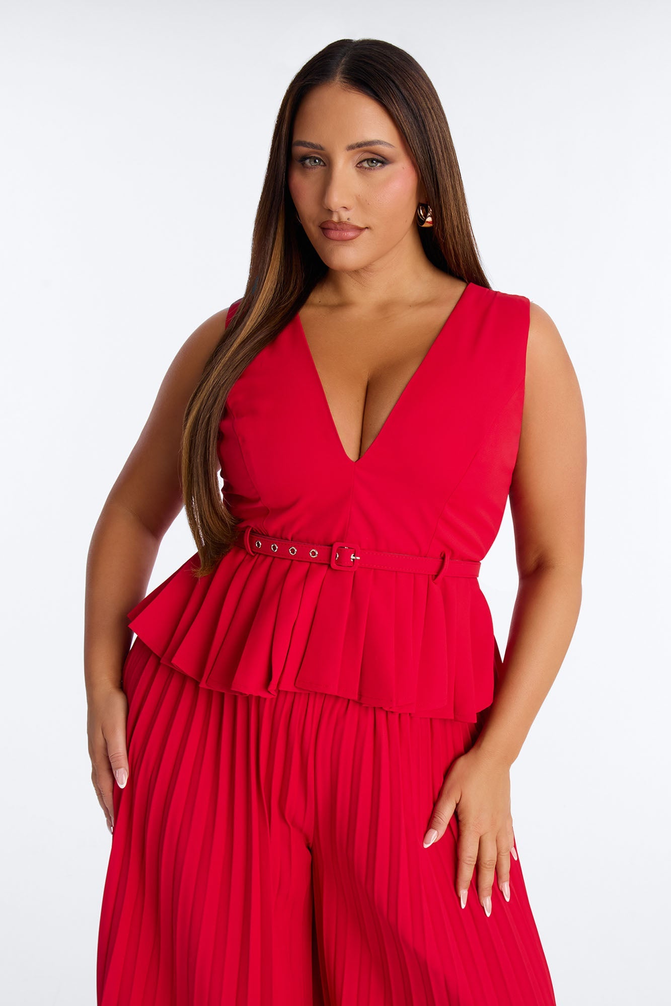 Norah Belted Pleated Pant Set - Red