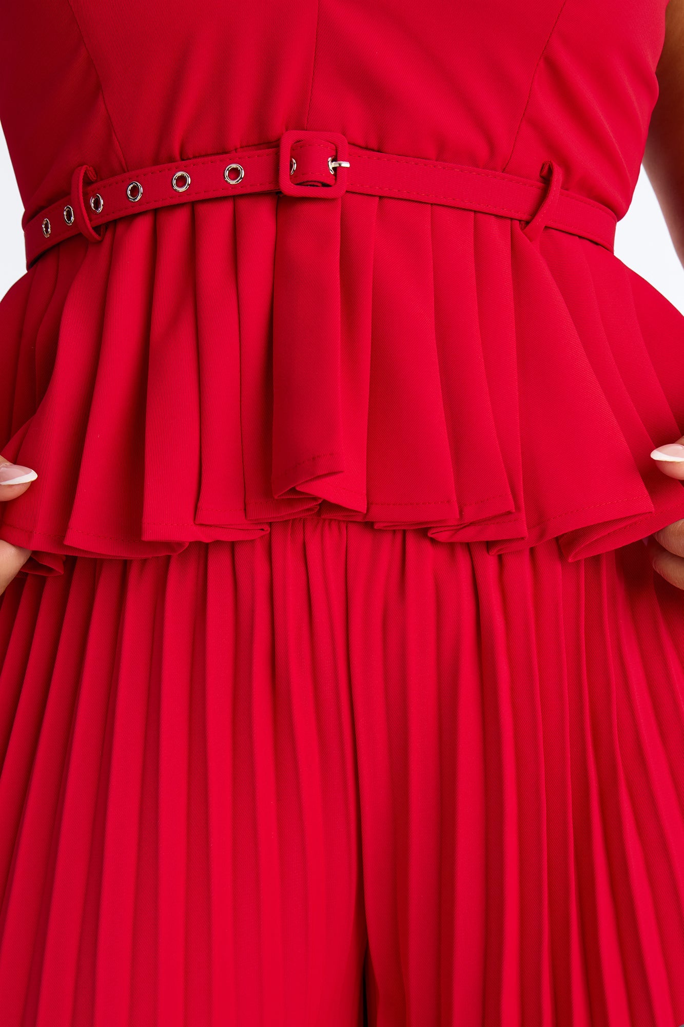 Norah Belted Pleated Pant Set - Red