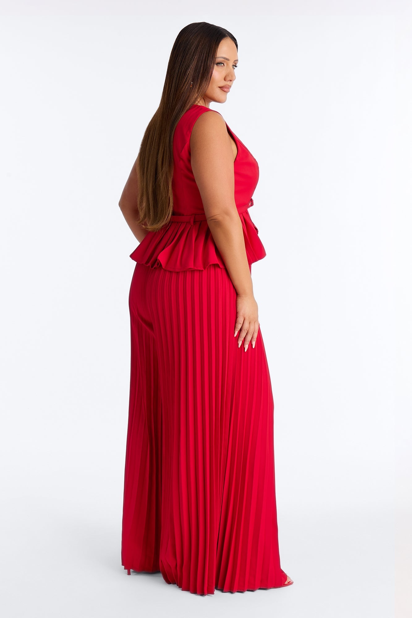 Norah Belted Pleated Pant Set - Red