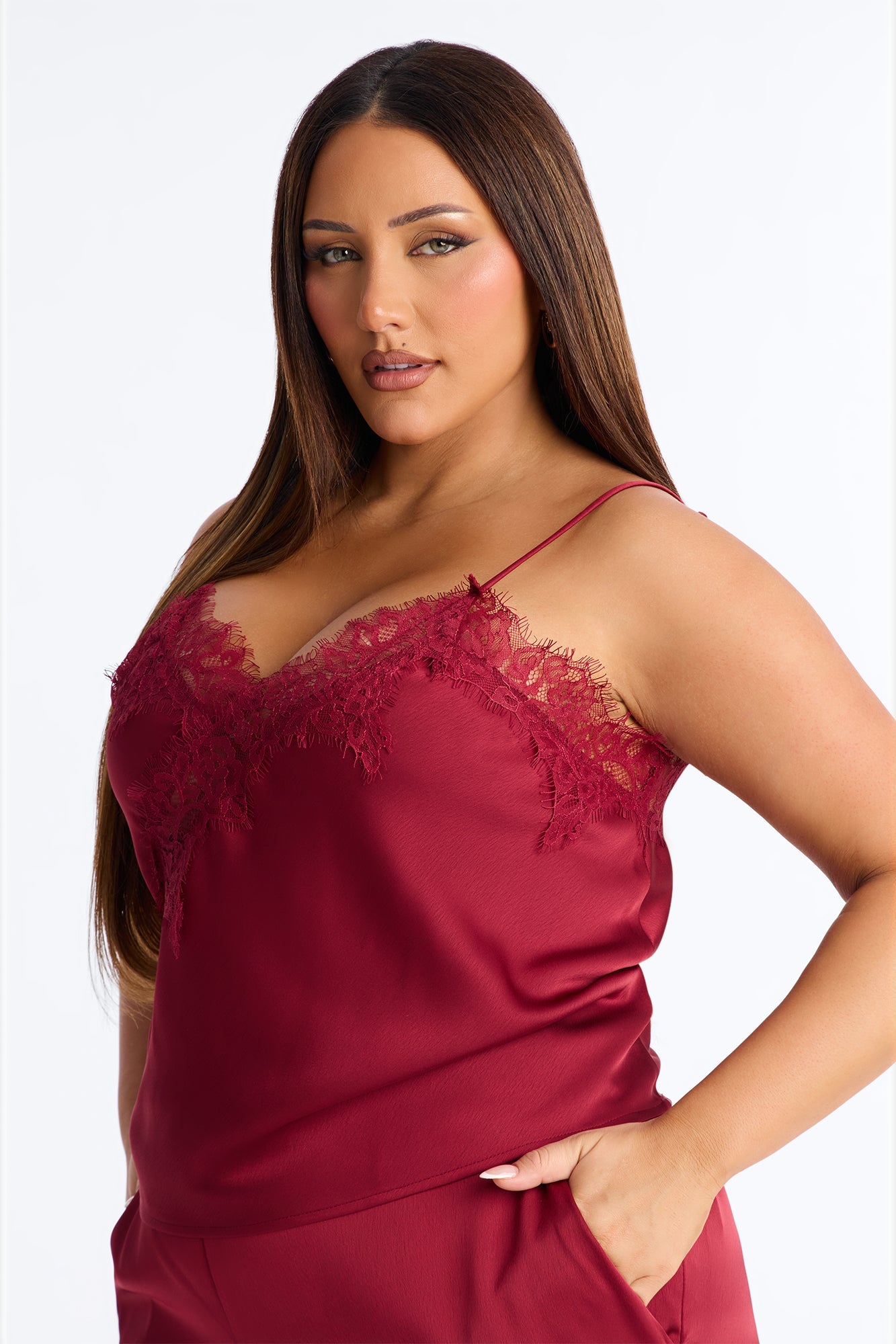 Araiza Satin Lace Trim Pant Set - Burgundy