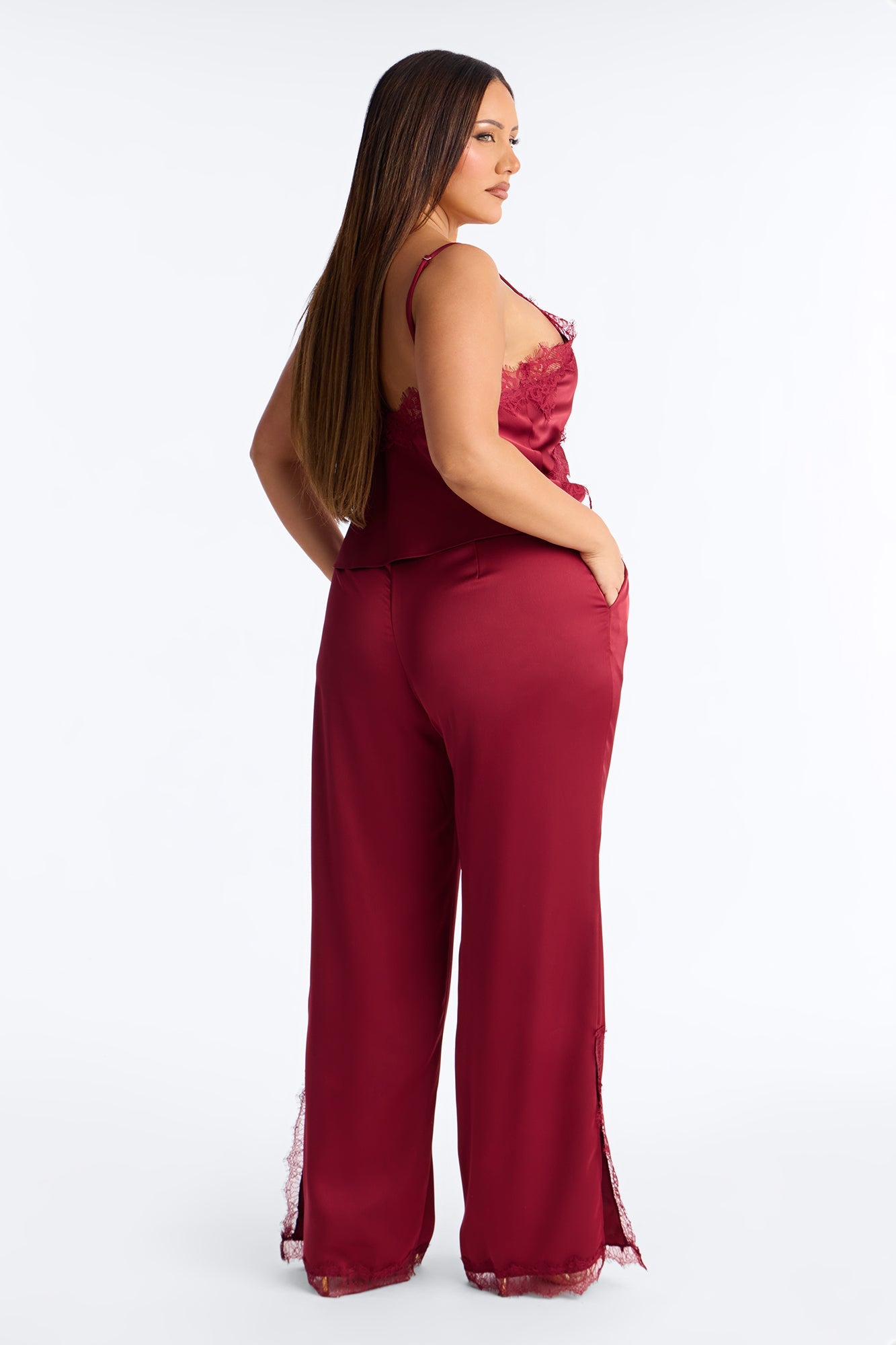 Araiza Satin Lace Trim Pant Set - Burgundy