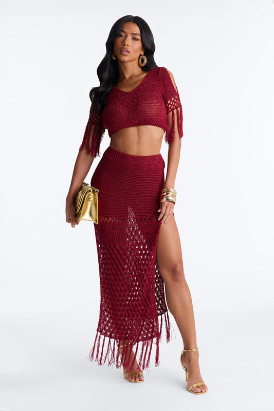 Get Away With It Crochet Skirt Set - Wine