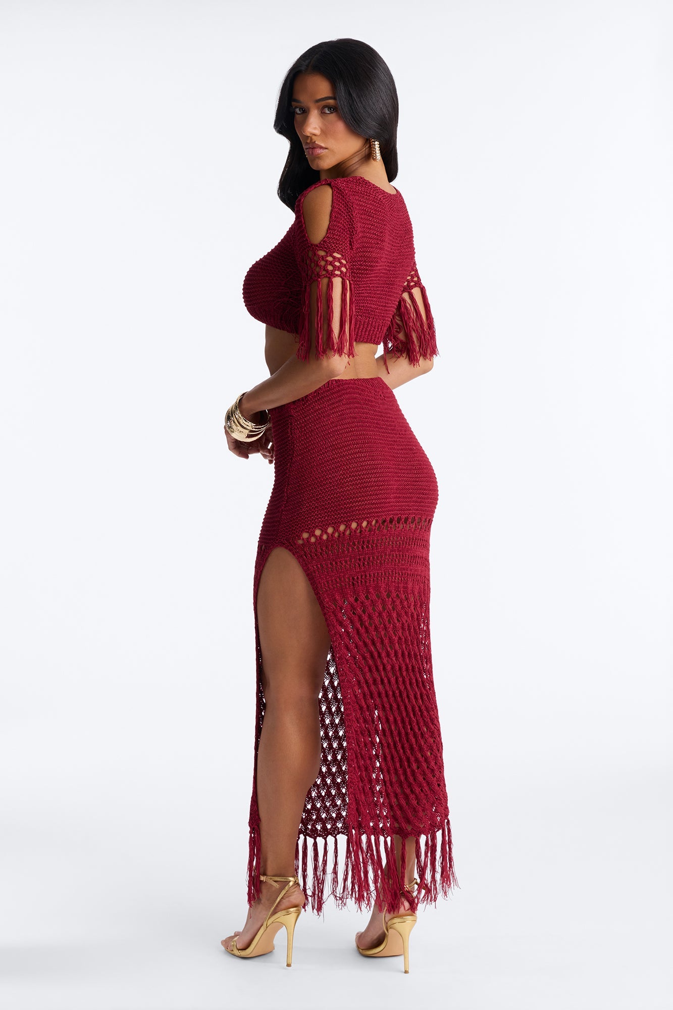Get Away With It Crochet Skirt Set - Wine