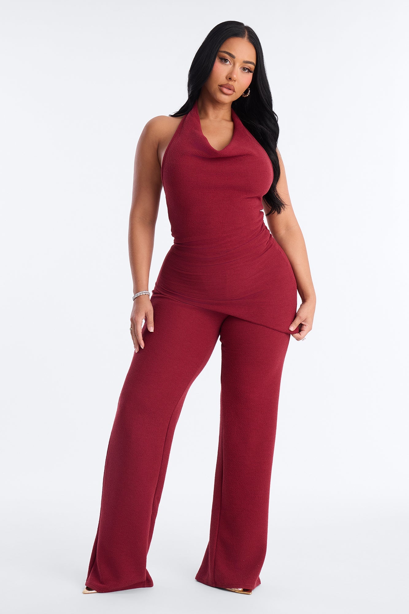 Amaya Asymmetrical Halter Pant Set - Wine