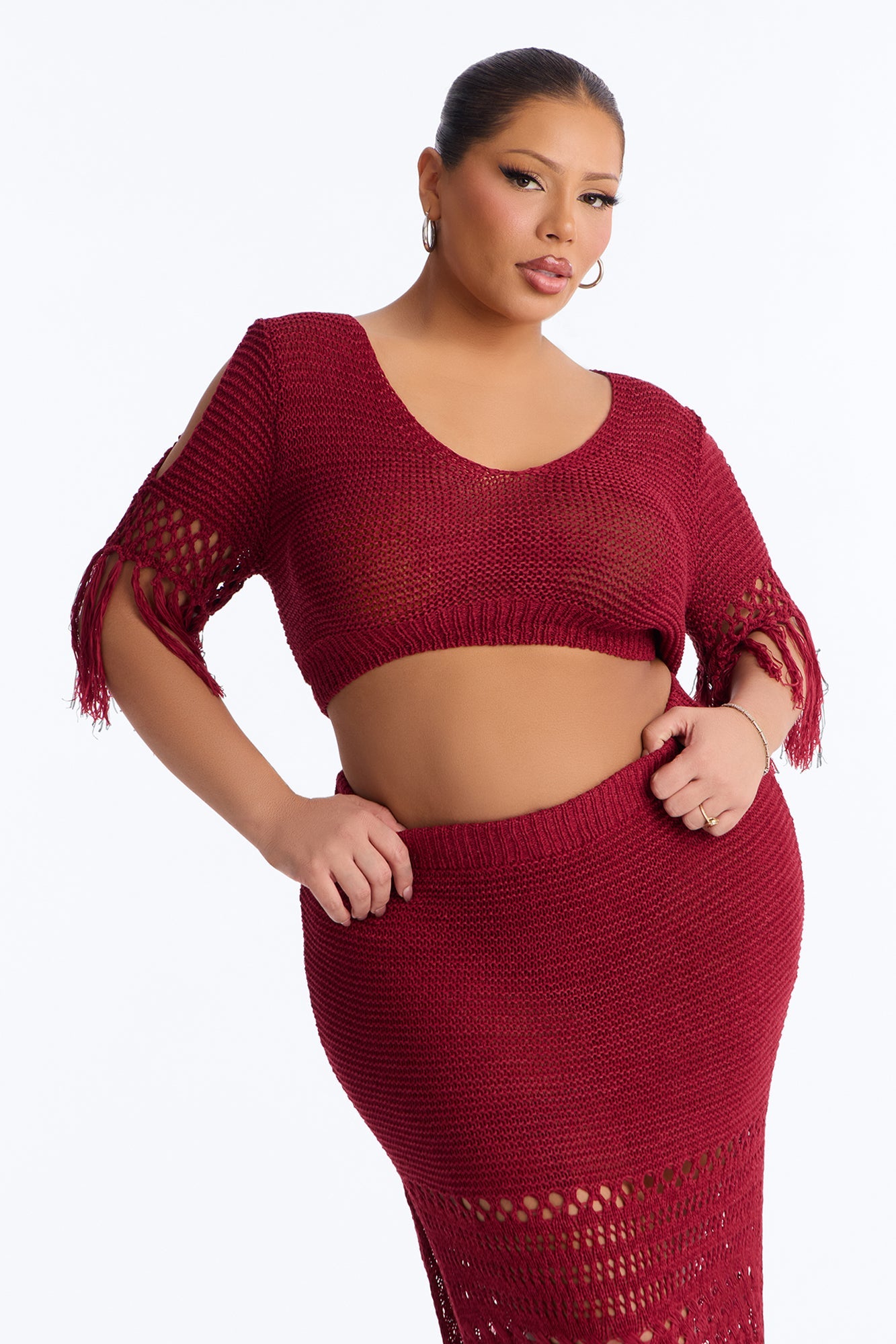 Get Away With It Crochet Skirt Set - Wine