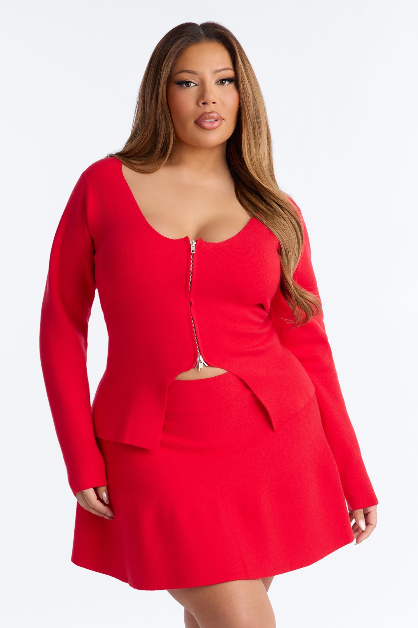Stephie Two Way Zip Cardigan Skirt Set - Red