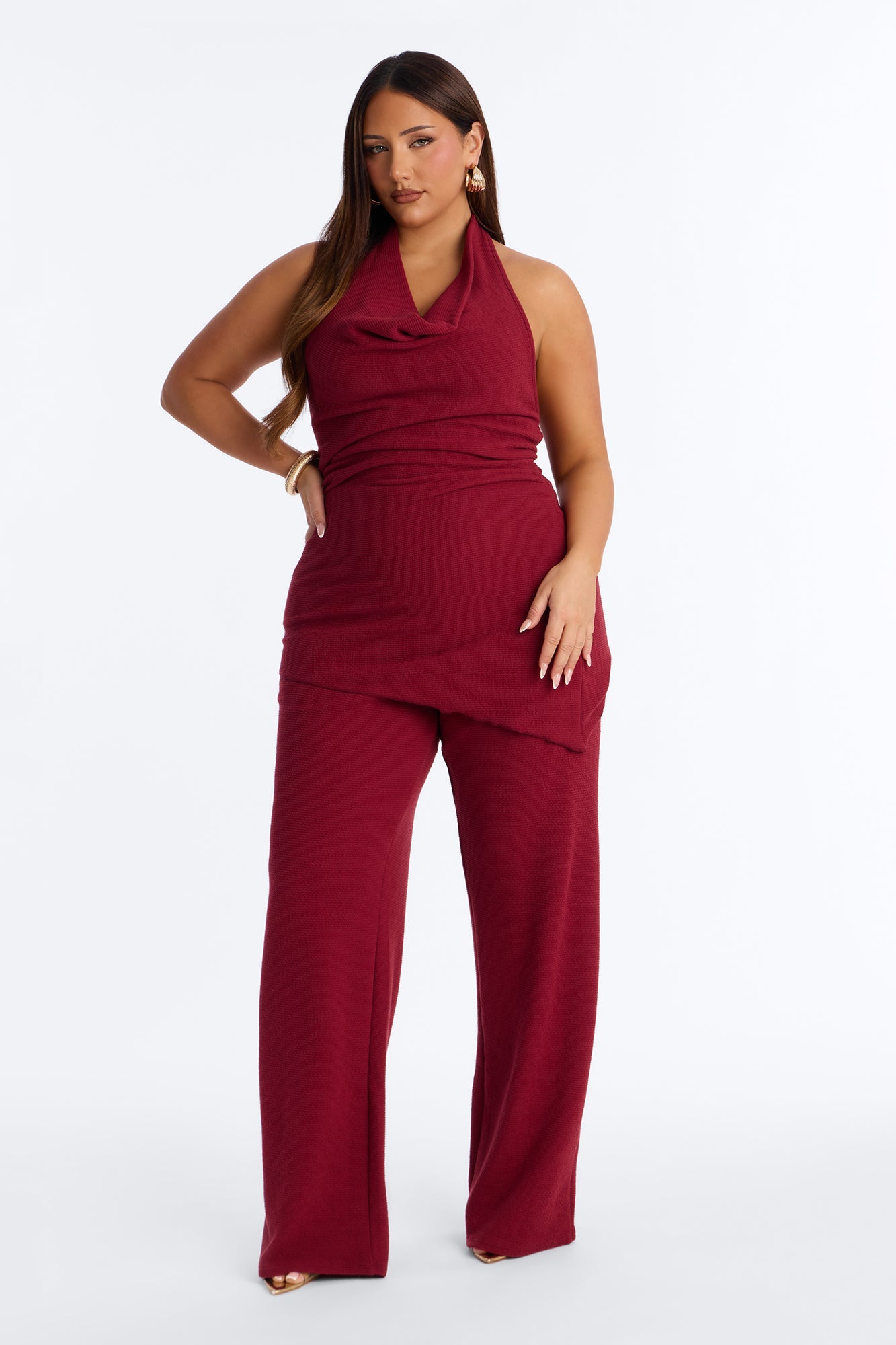 Amaya Asymmetrical Halter Pant Set - Wine