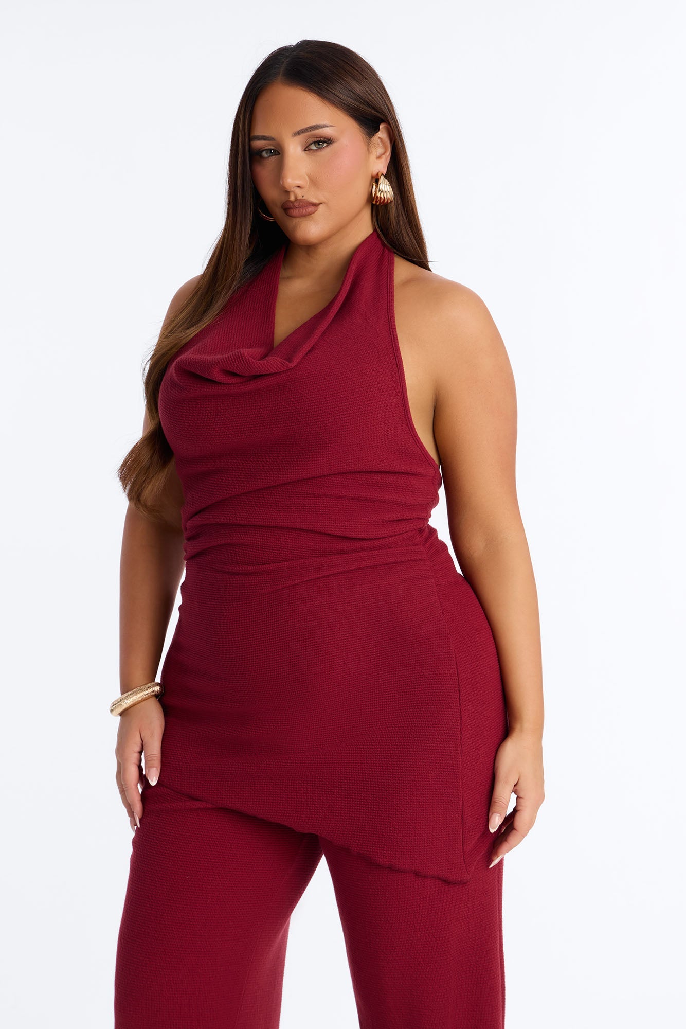 Amaya Asymmetrical Halter Pant Set - Wine
