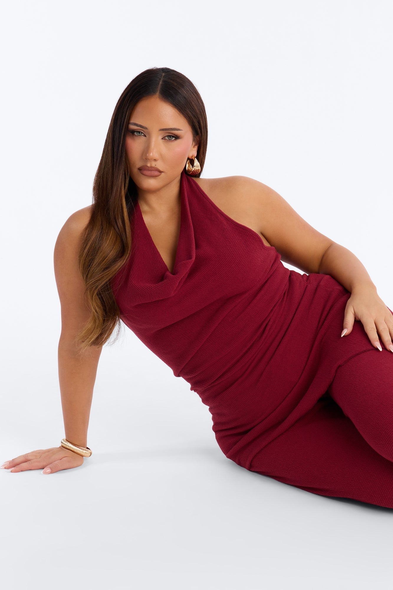 Amaya Asymmetrical Halter Pant Set - Wine