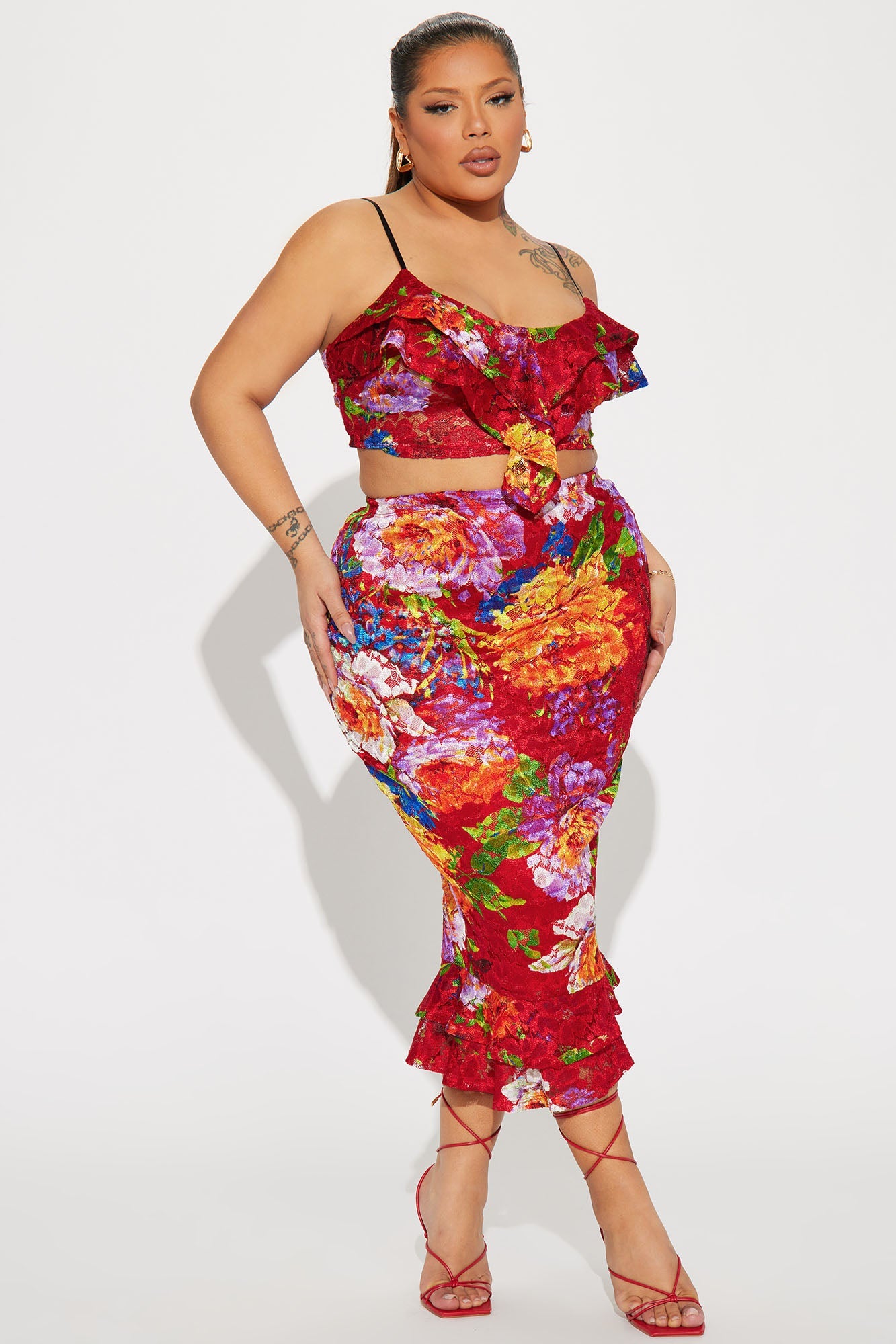 Floral Mindset Ruffle Skirt Set - Red/combo