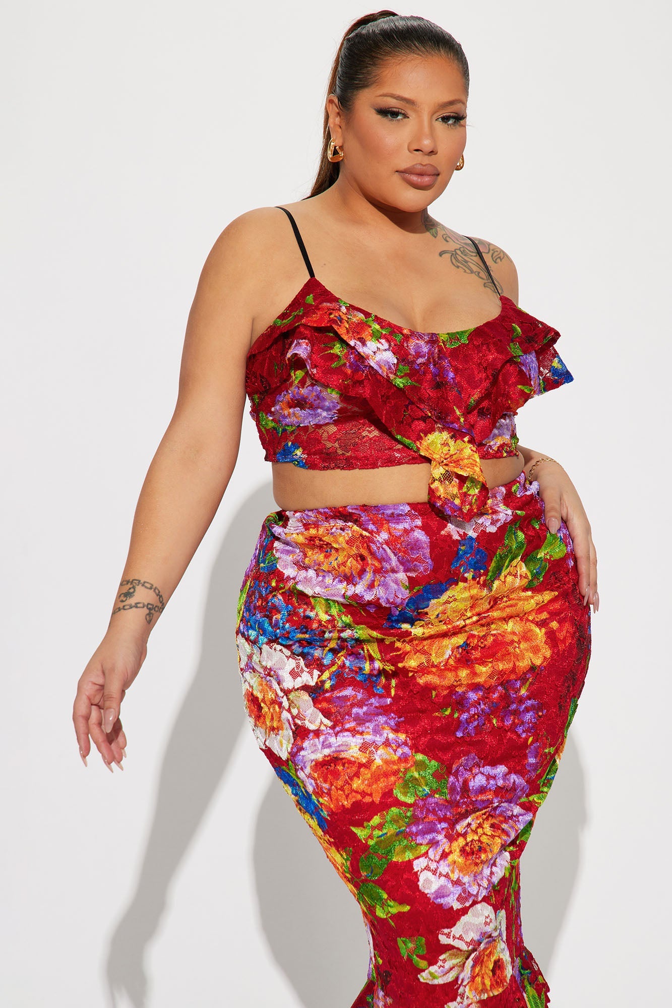 Floral Mindset Ruffle Skirt Set - Red/combo