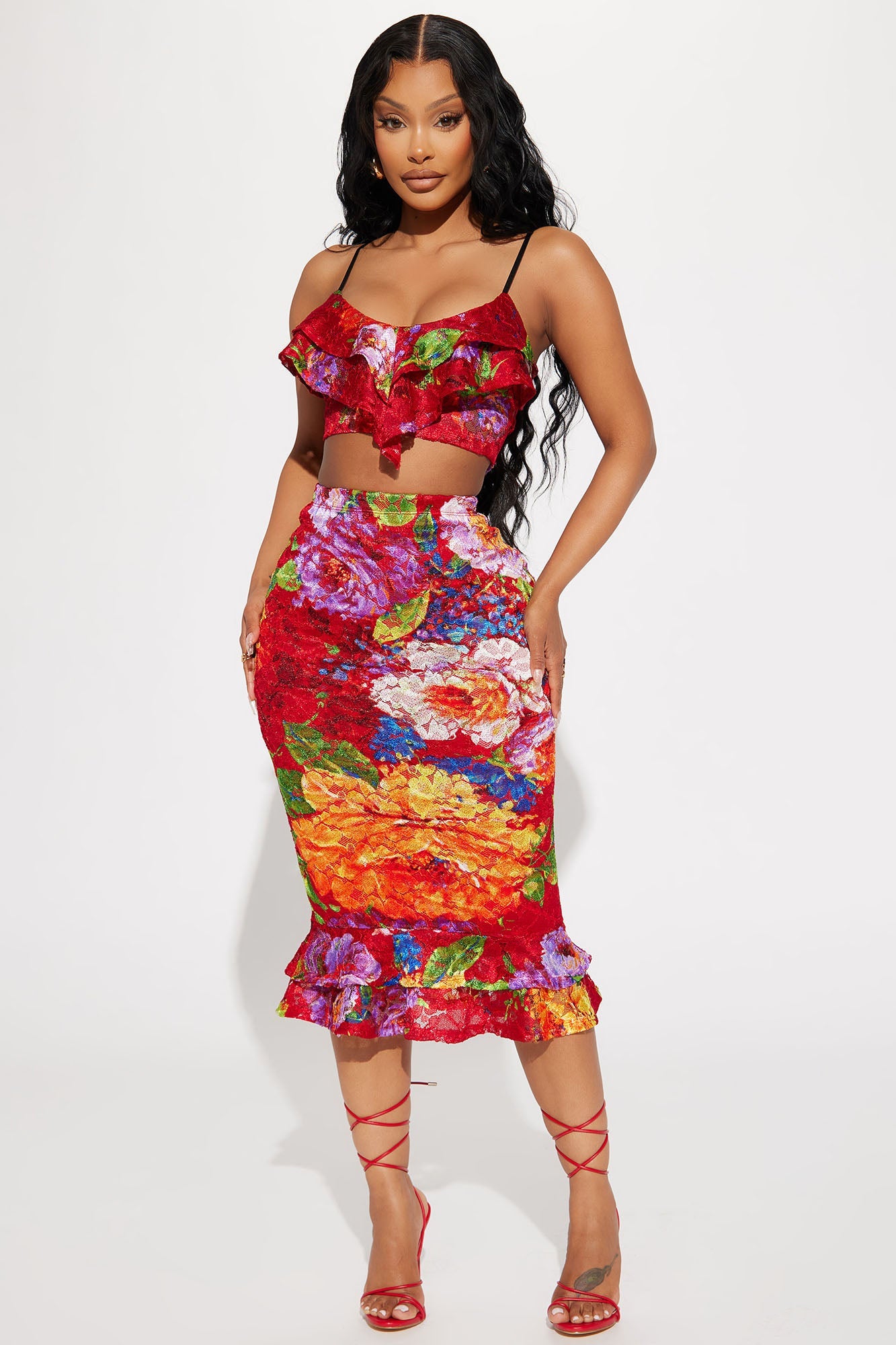 Floral Mindset Ruffle Skirt Set - Red/combo