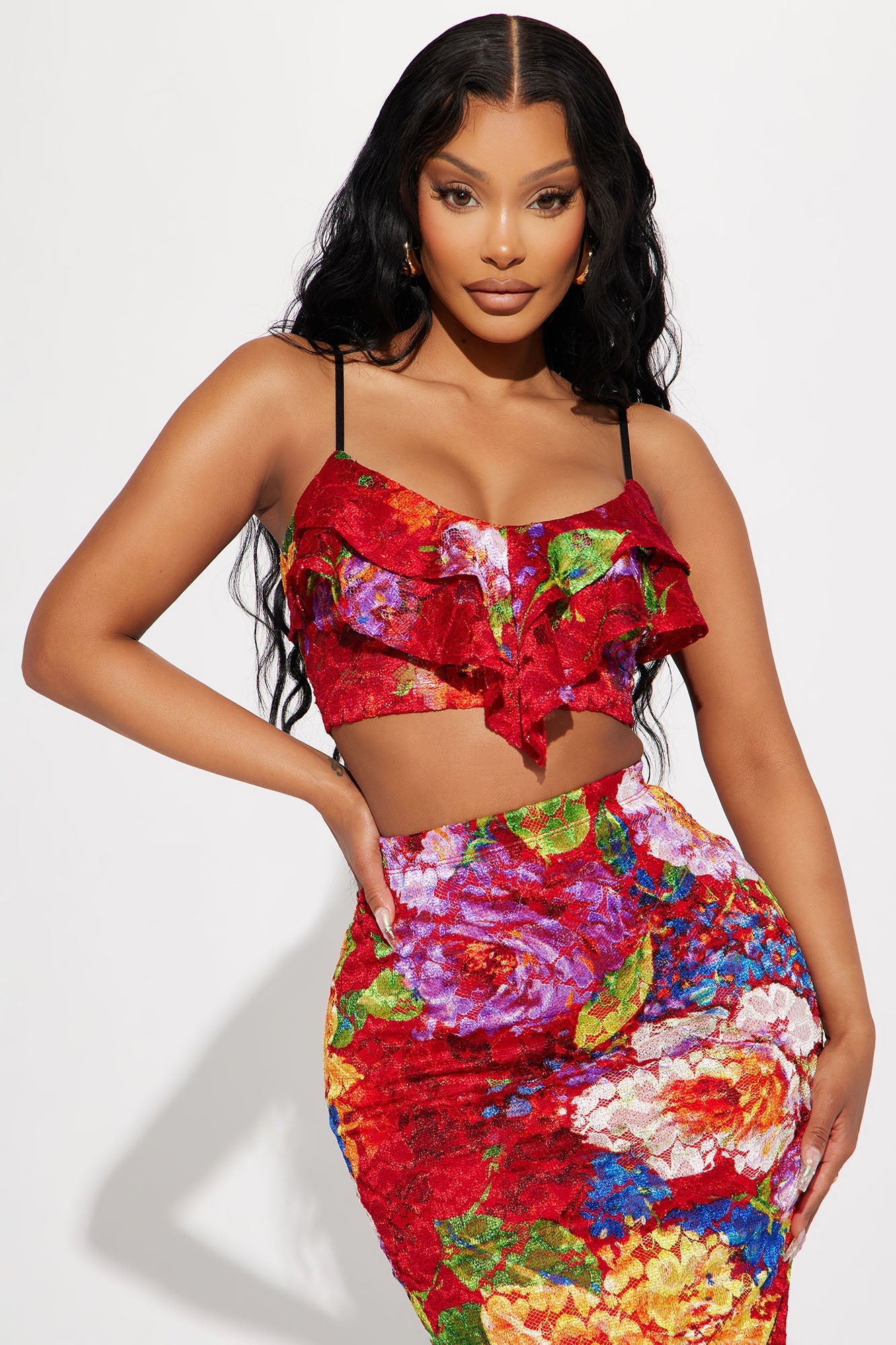 Floral Mindset Ruffle Skirt Set - Red/combo