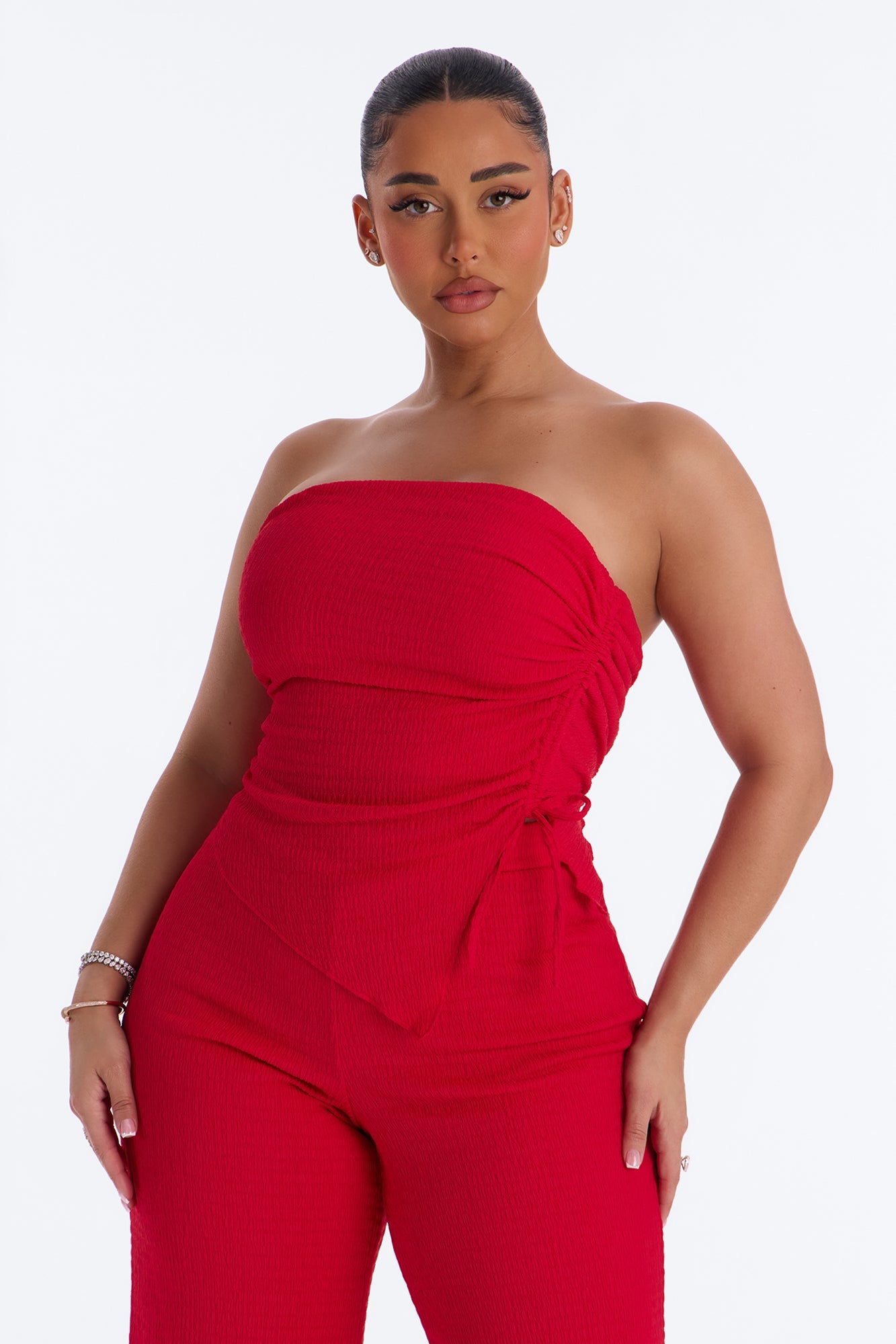 Elise Strapless Textured Pant Set - Red