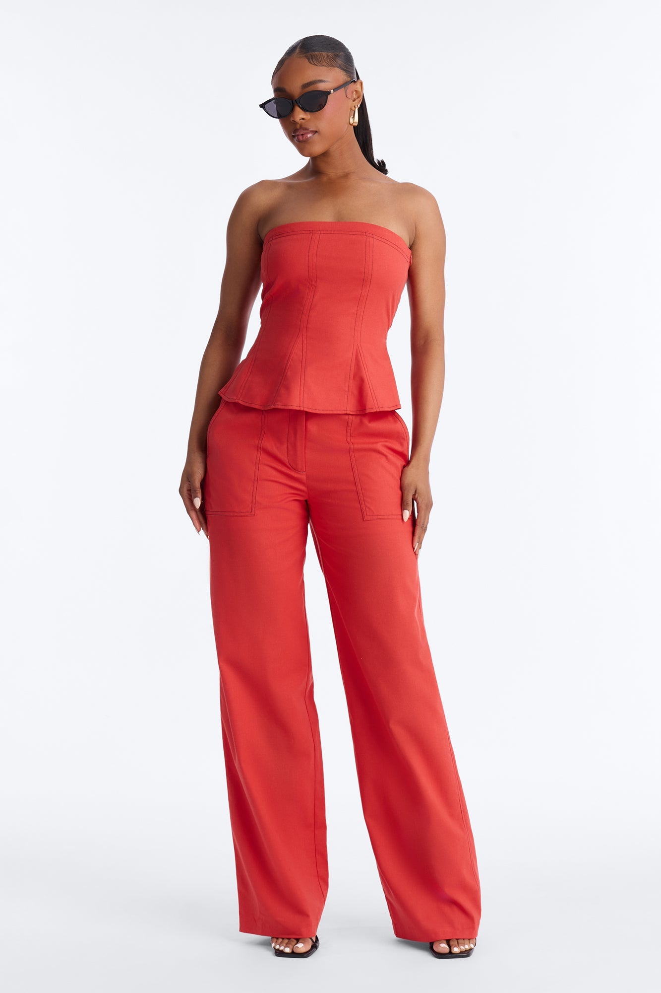 Olivia Linen Strapless Pant Set - Red