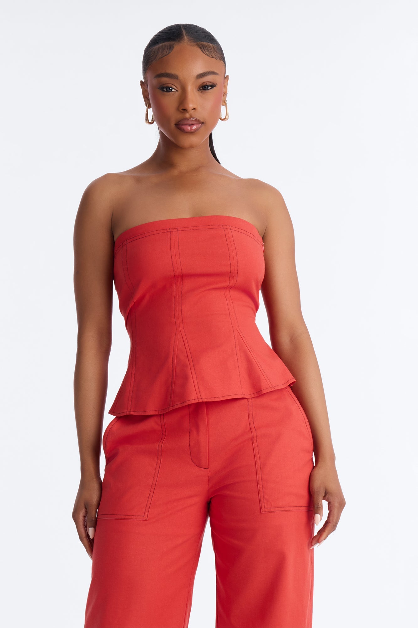 Olivia Linen Strapless Pant Set - Red