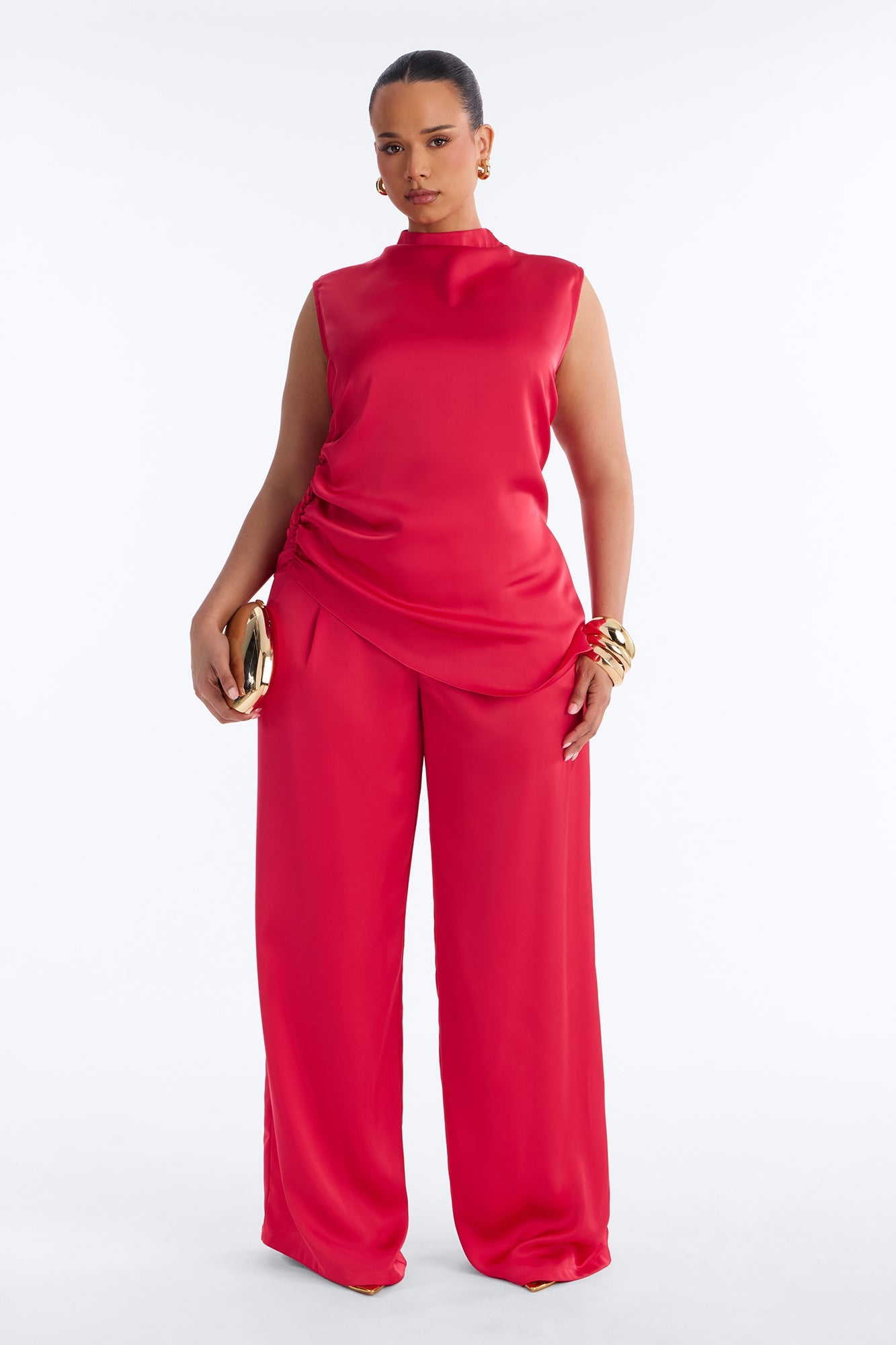 Corinna Sleeveless Satin Pant Set - Red