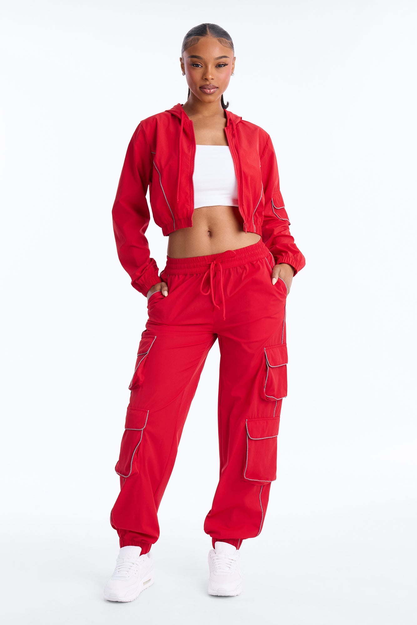 Nessa Nylon Cargo Hoodie Jogger Set - Red