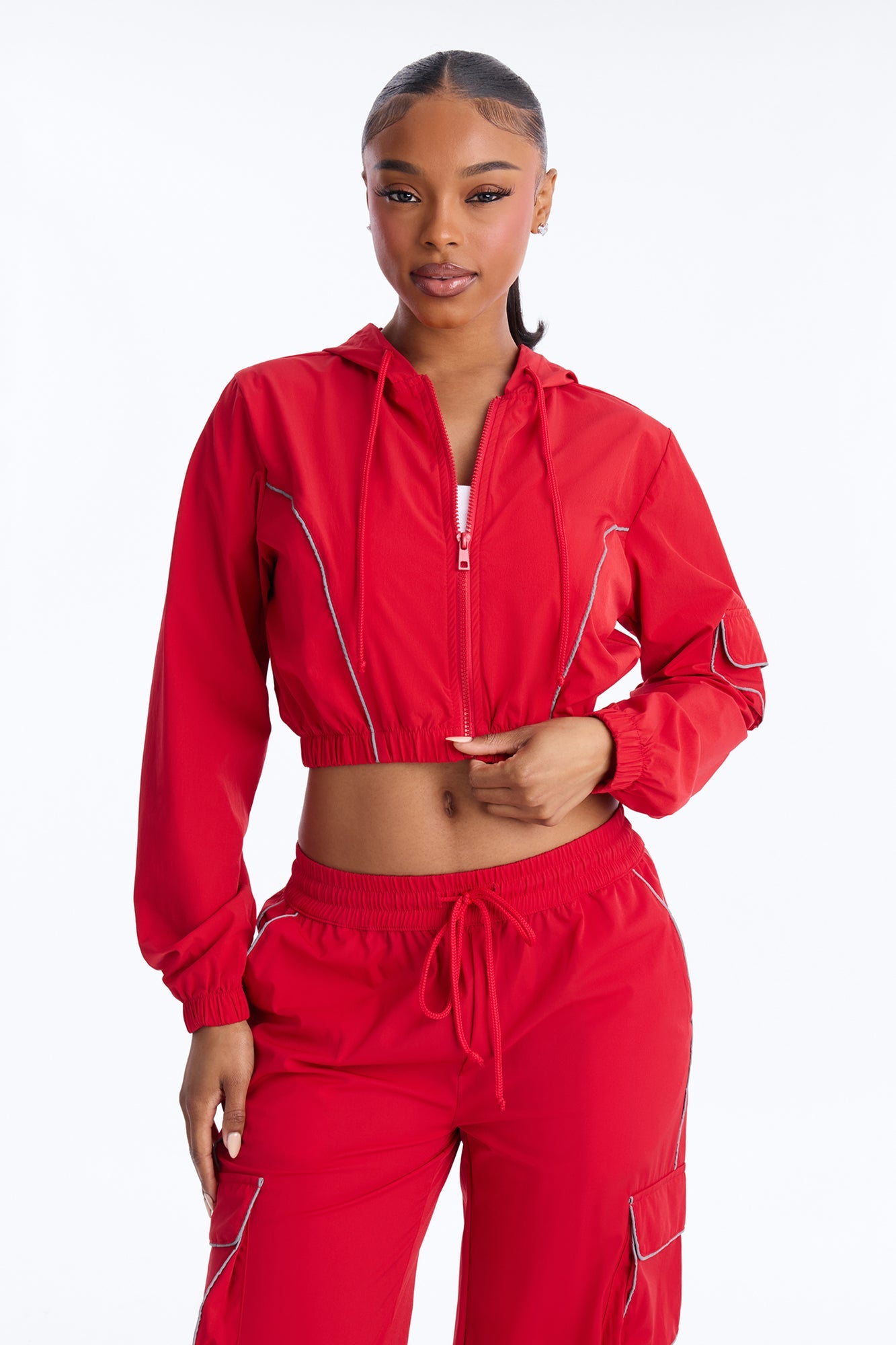Nessa Nylon Cargo Hoodie Jogger Set - Red