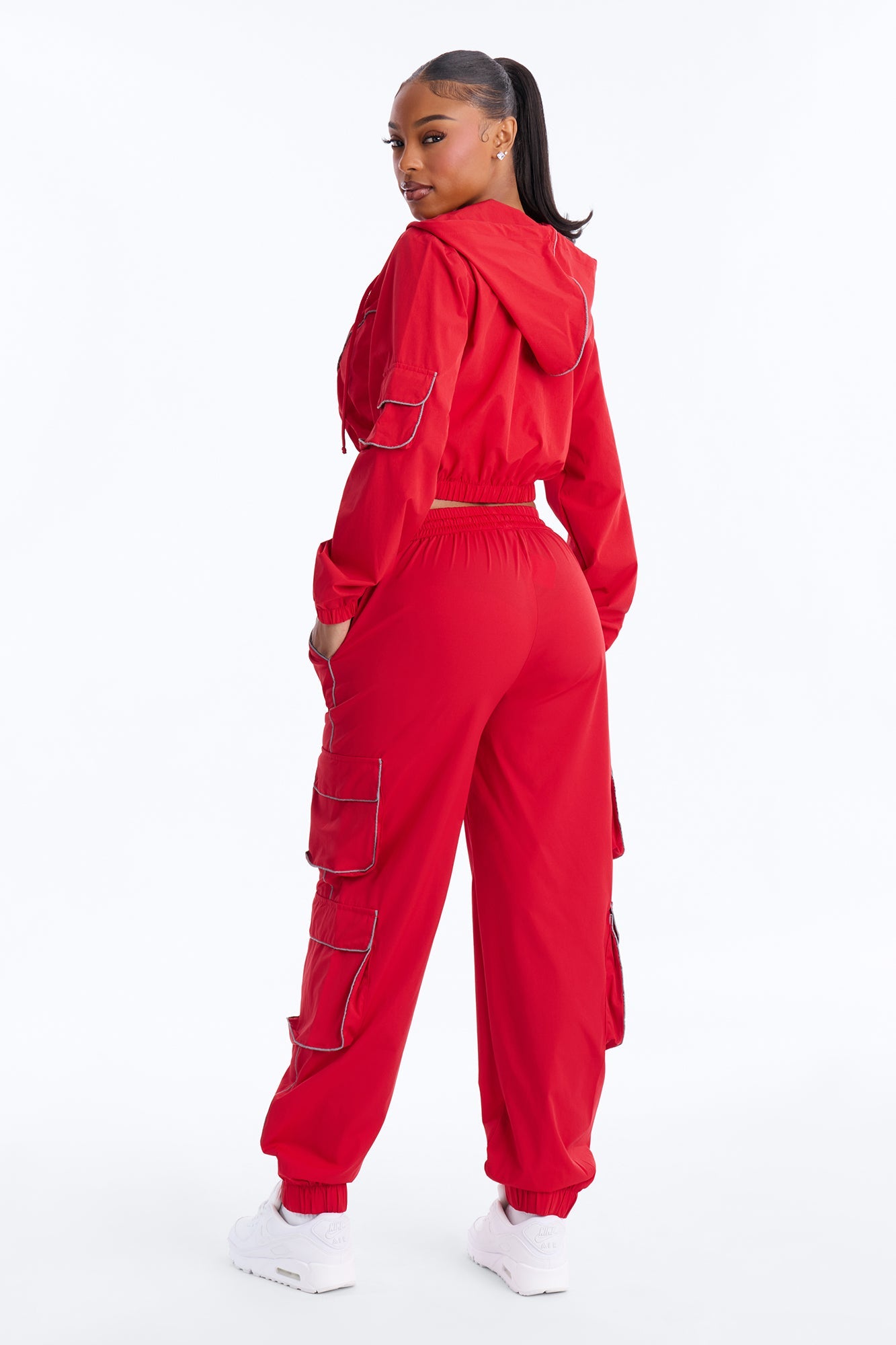 Nessa Nylon Cargo Hoodie Jogger Set - Red