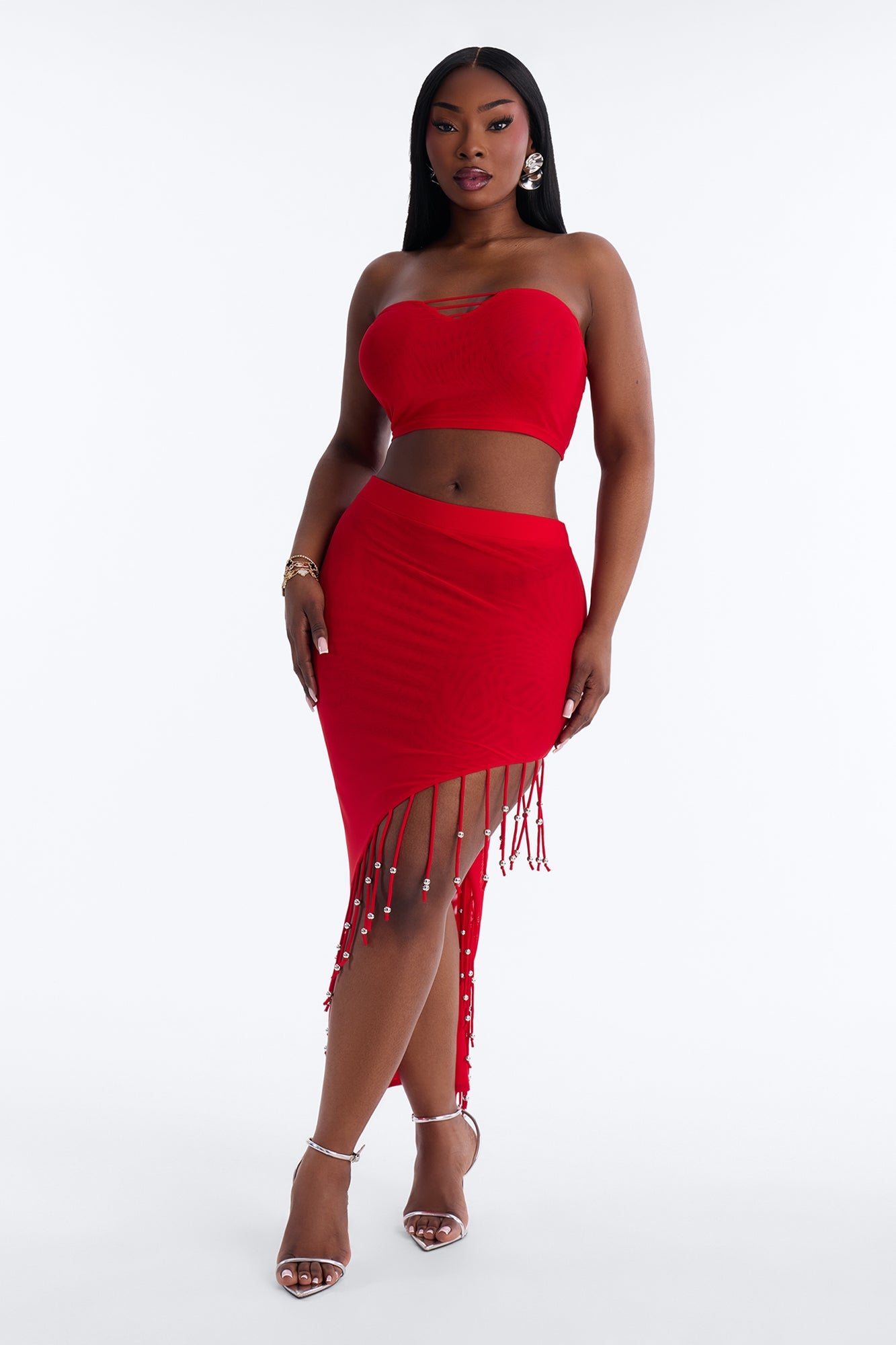 Desiree Beaded Fringe Mesh Skirt Set - Red
