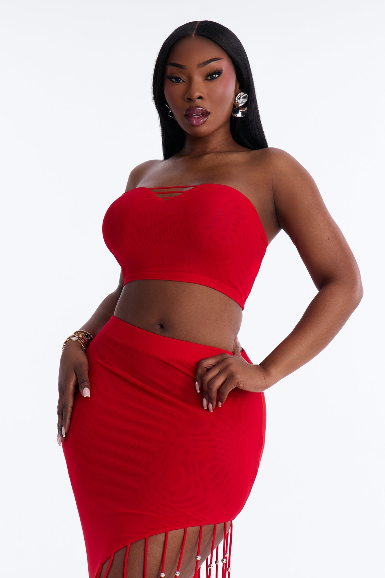 Desiree Beaded Fringe Mesh Skirt Set - Red