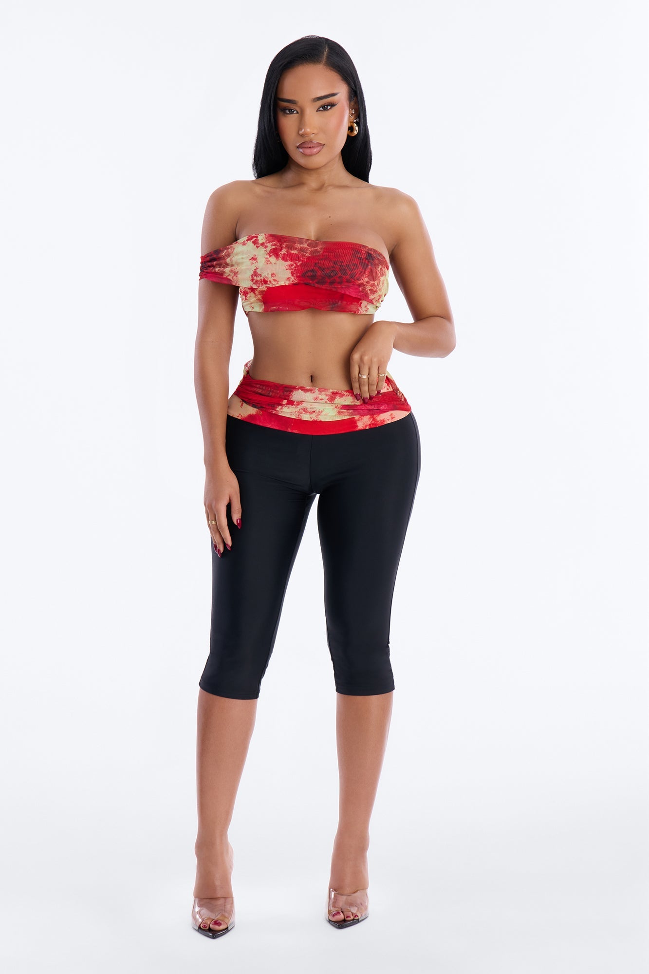 Heating Up One Shoulder Capri Set - Red/combo