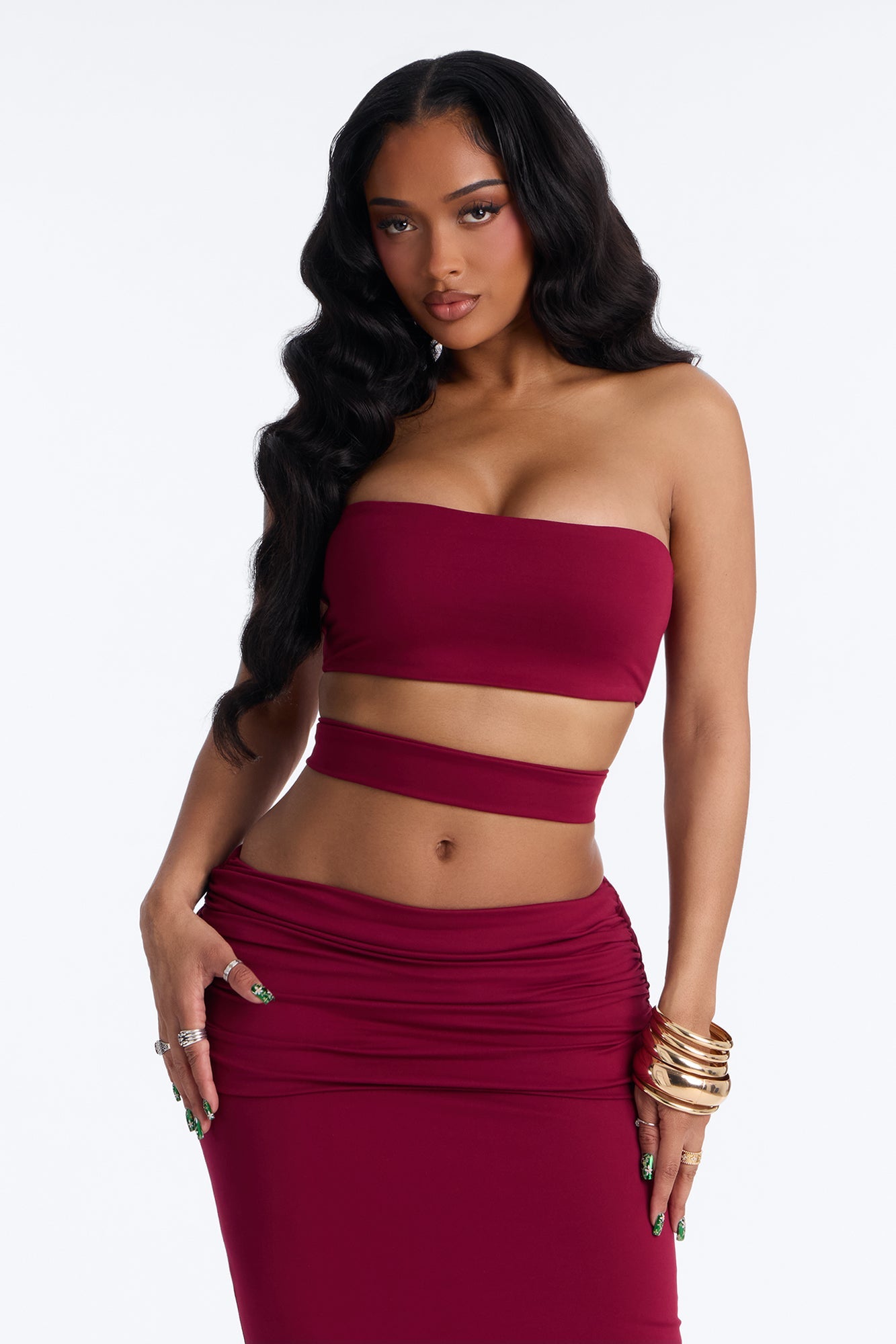 Bianca Matte Form Double Lined Fold Over Maxi Skirt Set - Wine
