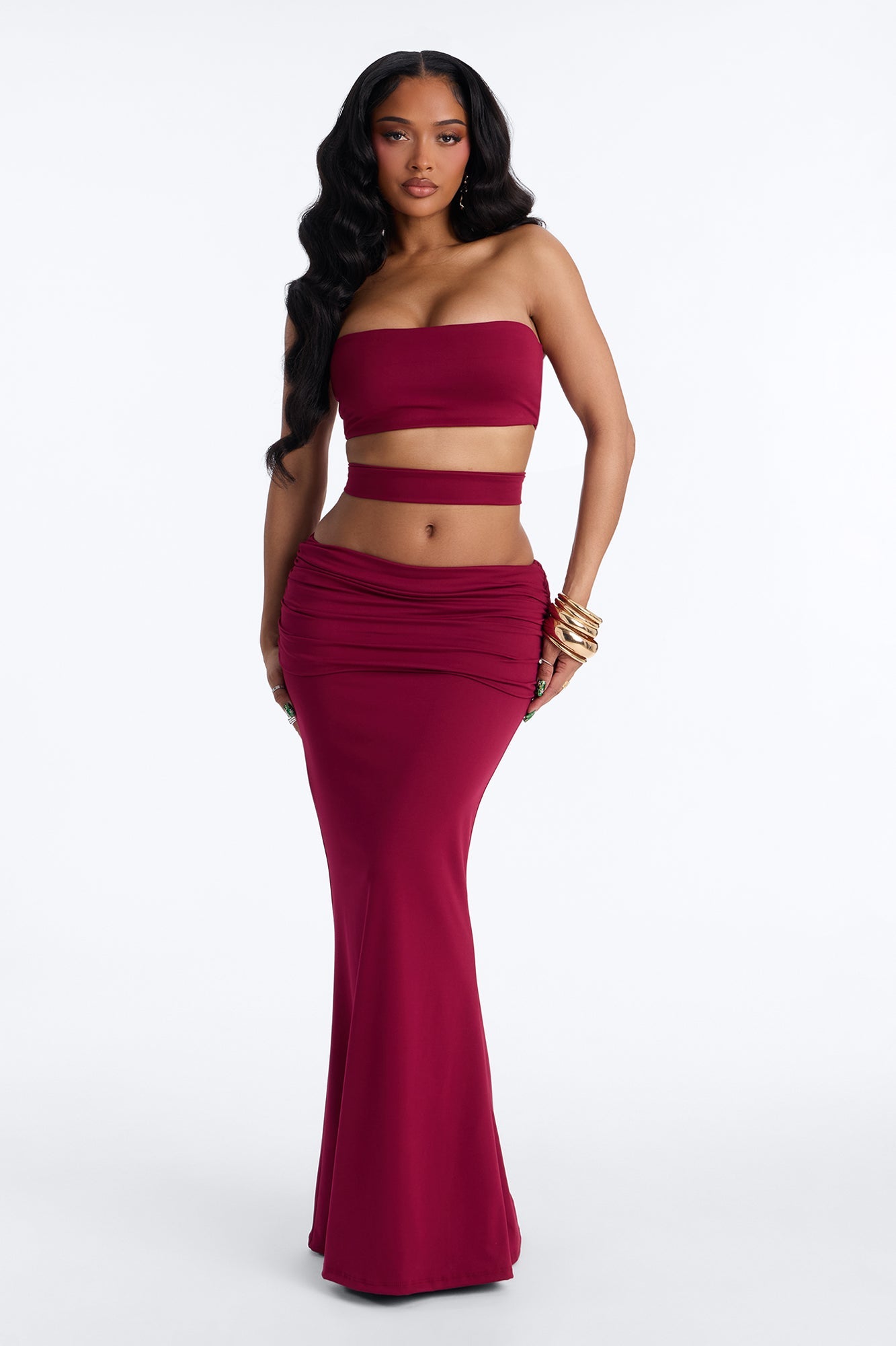 Bianca Matte Form Double Lined Fold Over Maxi Skirt Set - Wine