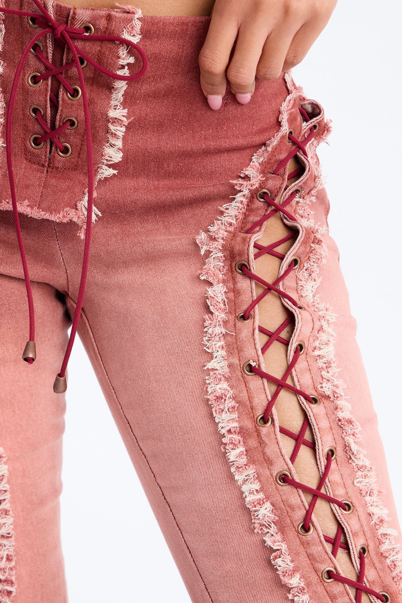 Desert Diva Lace Up Denim Capri Set - Burgundy