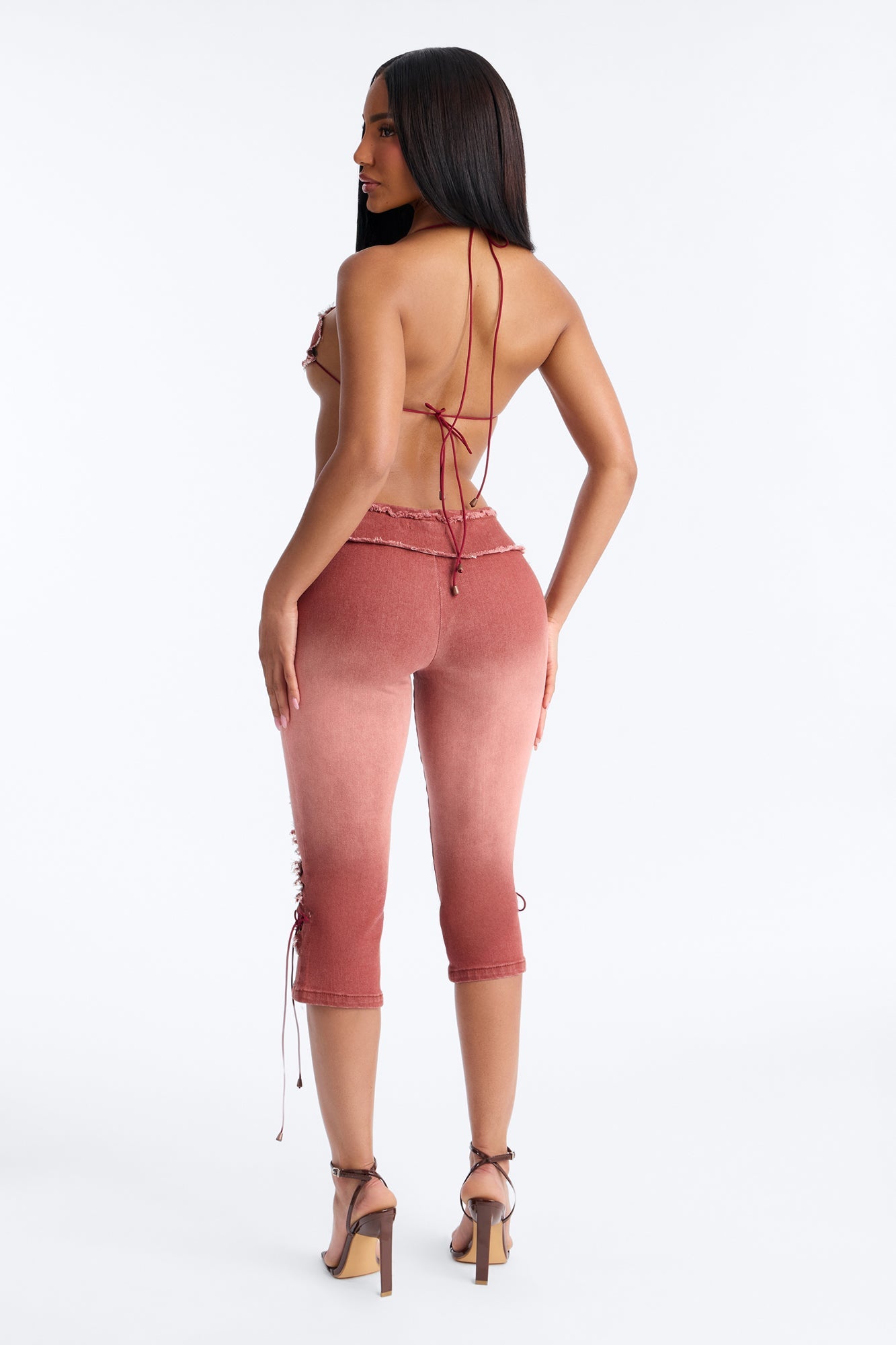 Desert Diva Lace Up Denim Capri Set - Burgundy