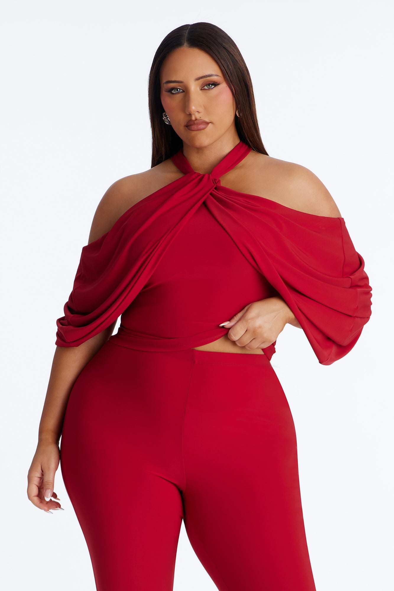Reina Off Shoulder Flare Pant Set - Red