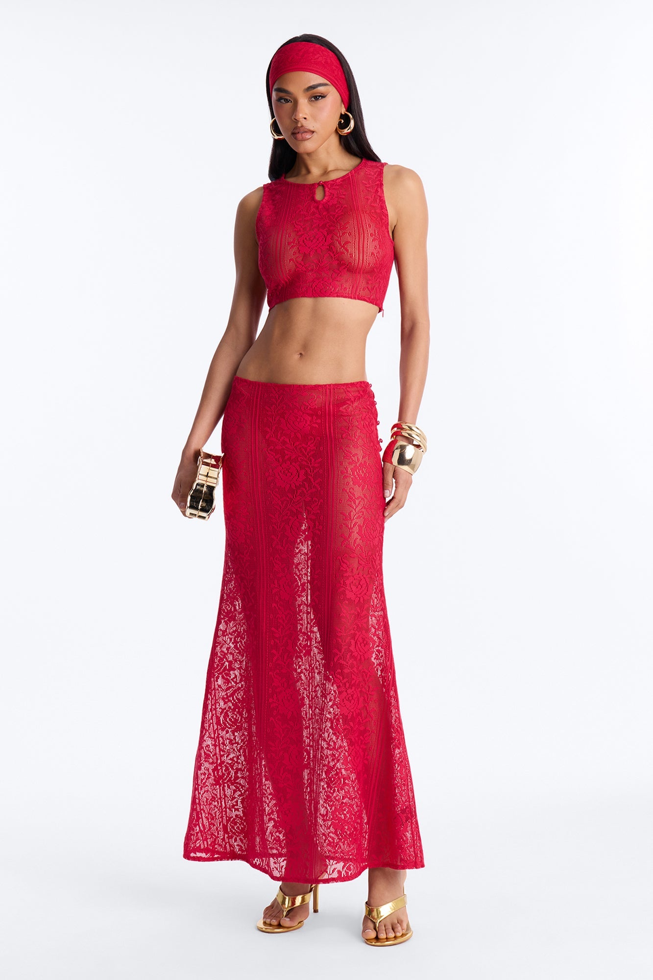 Alexis 3 Piece Lace Maxi Skirt Set - Red