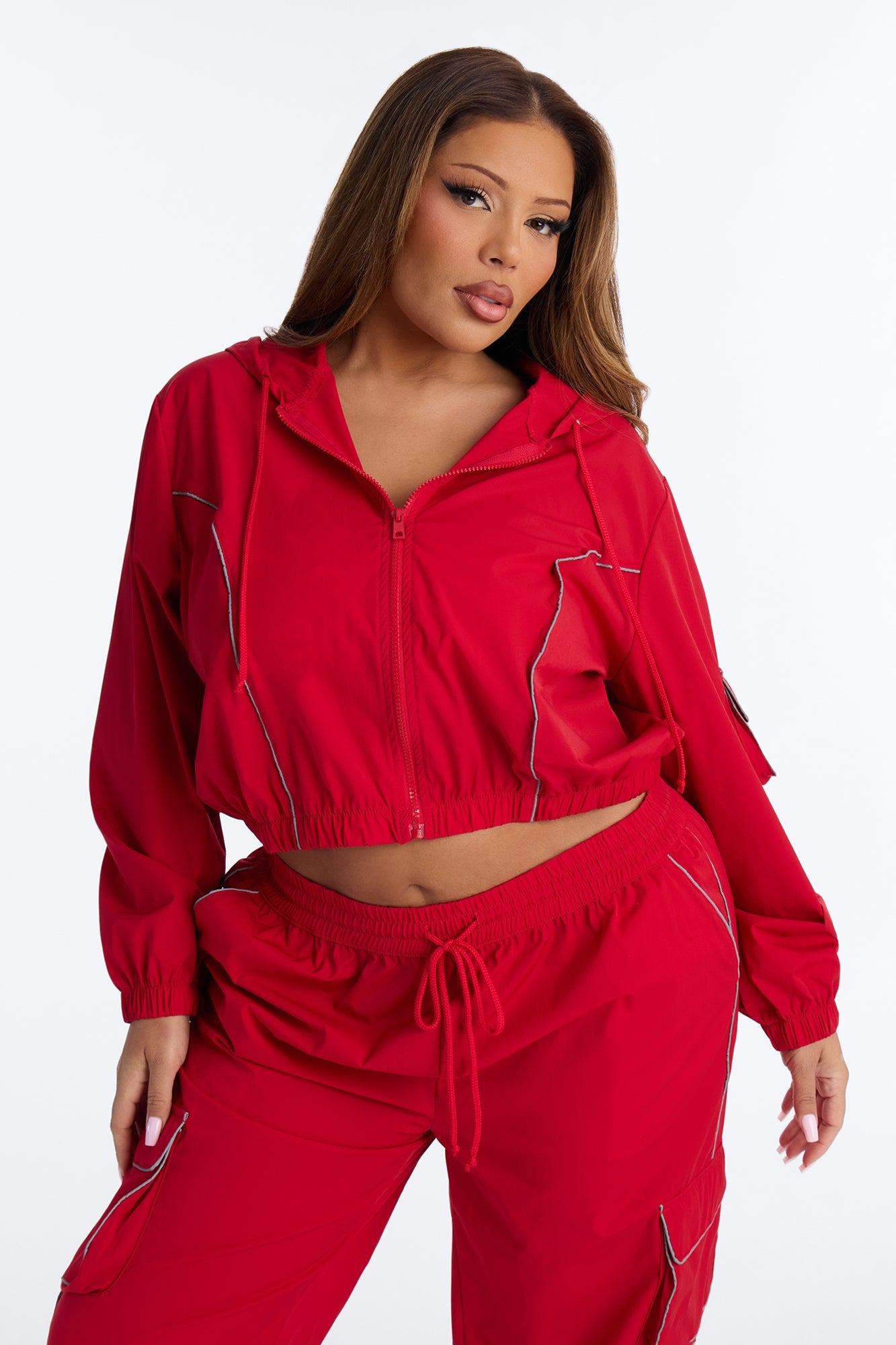 Nessa Nylon Cargo Hoodie Jogger Set - Red