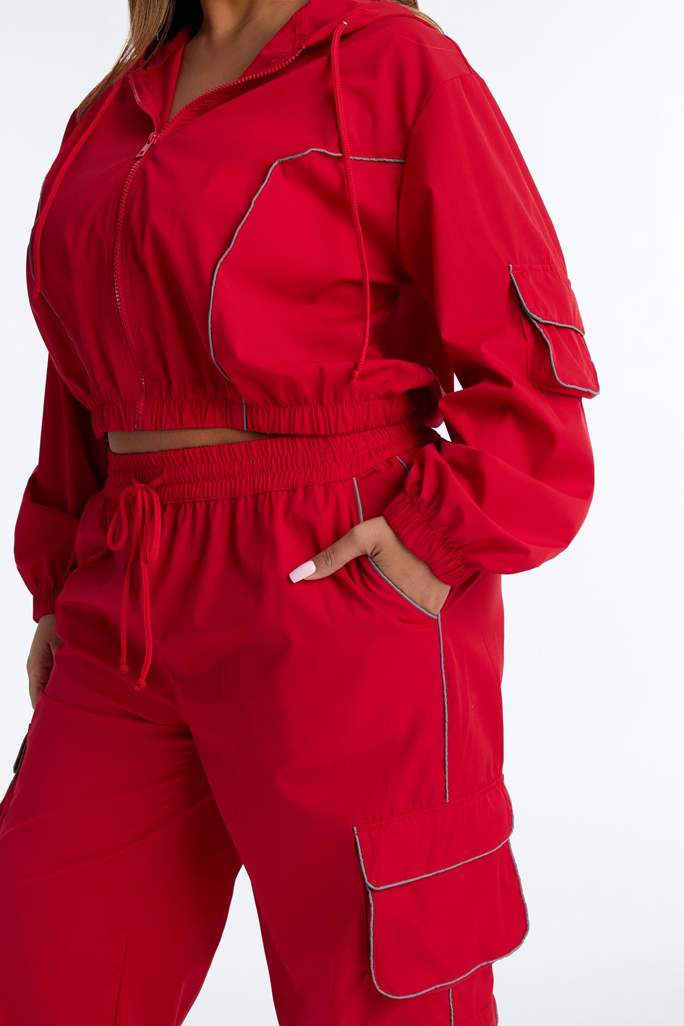 Nessa Nylon Cargo Hoodie Jogger Set - Red