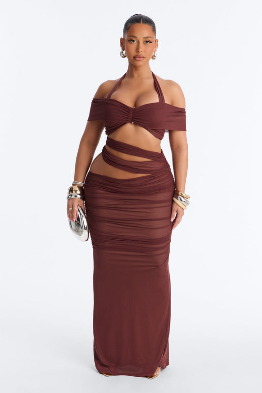 Brooke Mesh Off The Shoulder Cutout Maxi Skirt Set - Burgundy