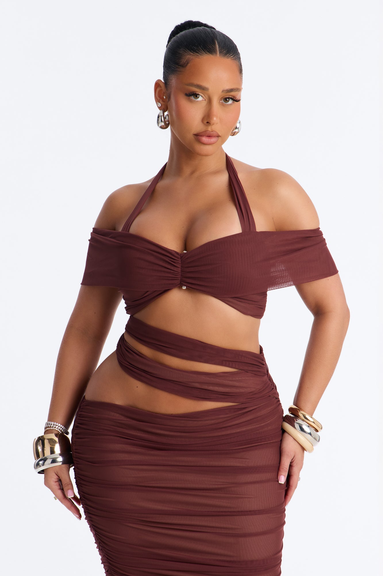 Brooke Mesh Off The Shoulder Cutout Maxi Skirt Set - Burgundy