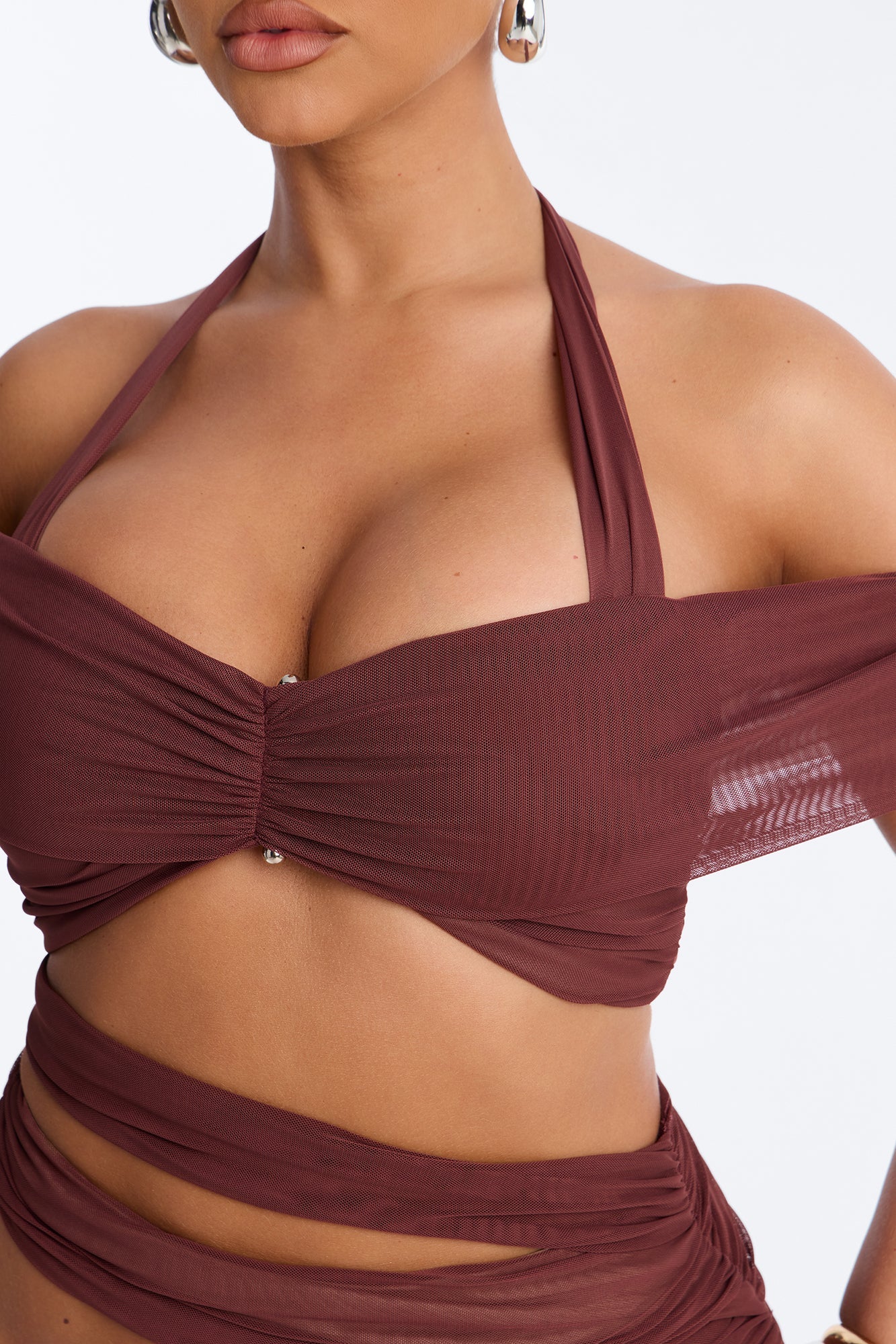 Brooke Mesh Off The Shoulder Cutout Maxi Skirt Set - Burgundy