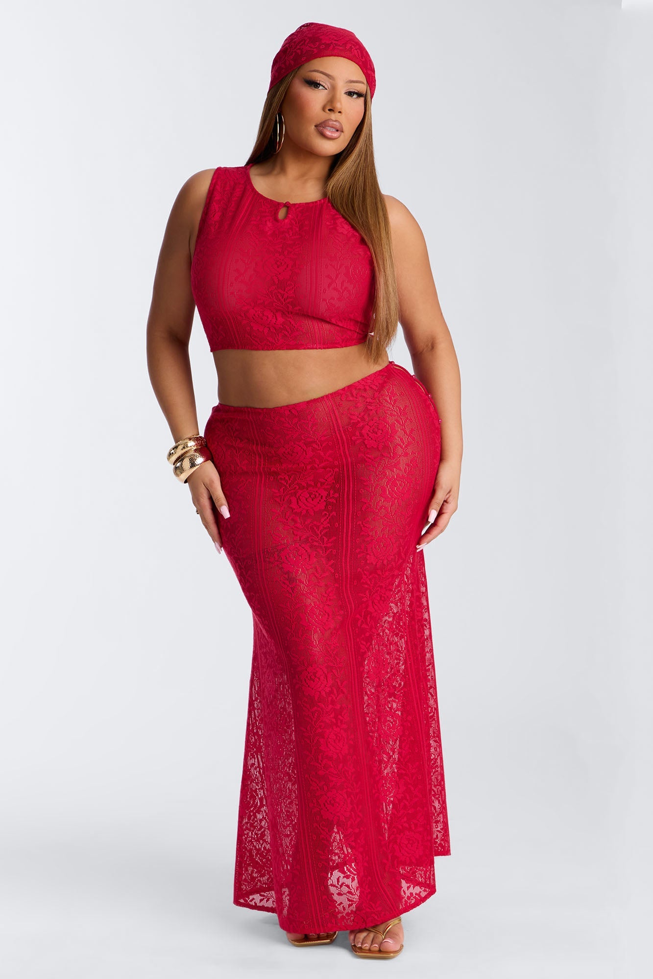 Alexis 3 Piece Lace Maxi Skirt Set - Red