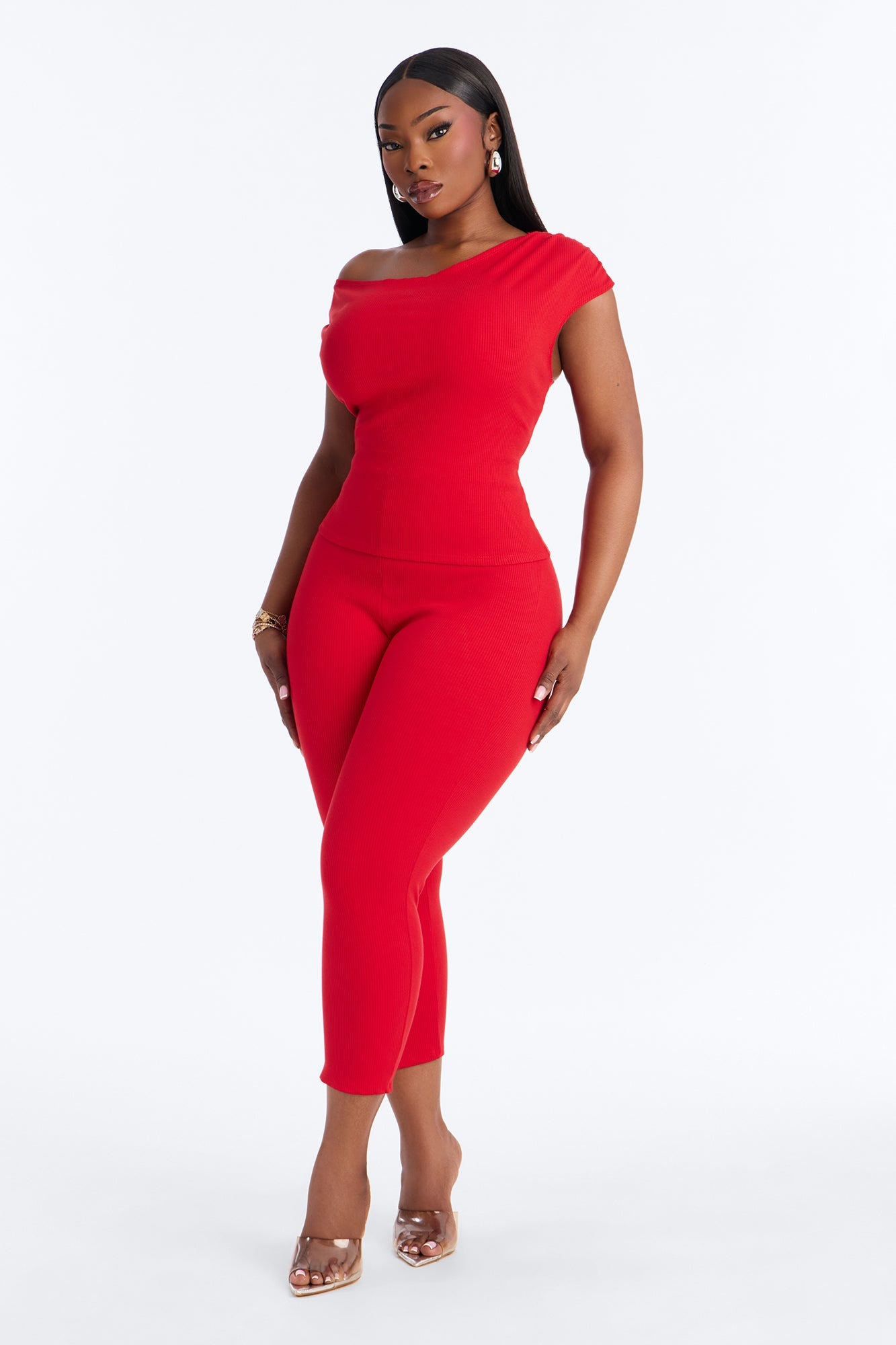 Ariella Off Shoulder Snatched Capri Set - Red
