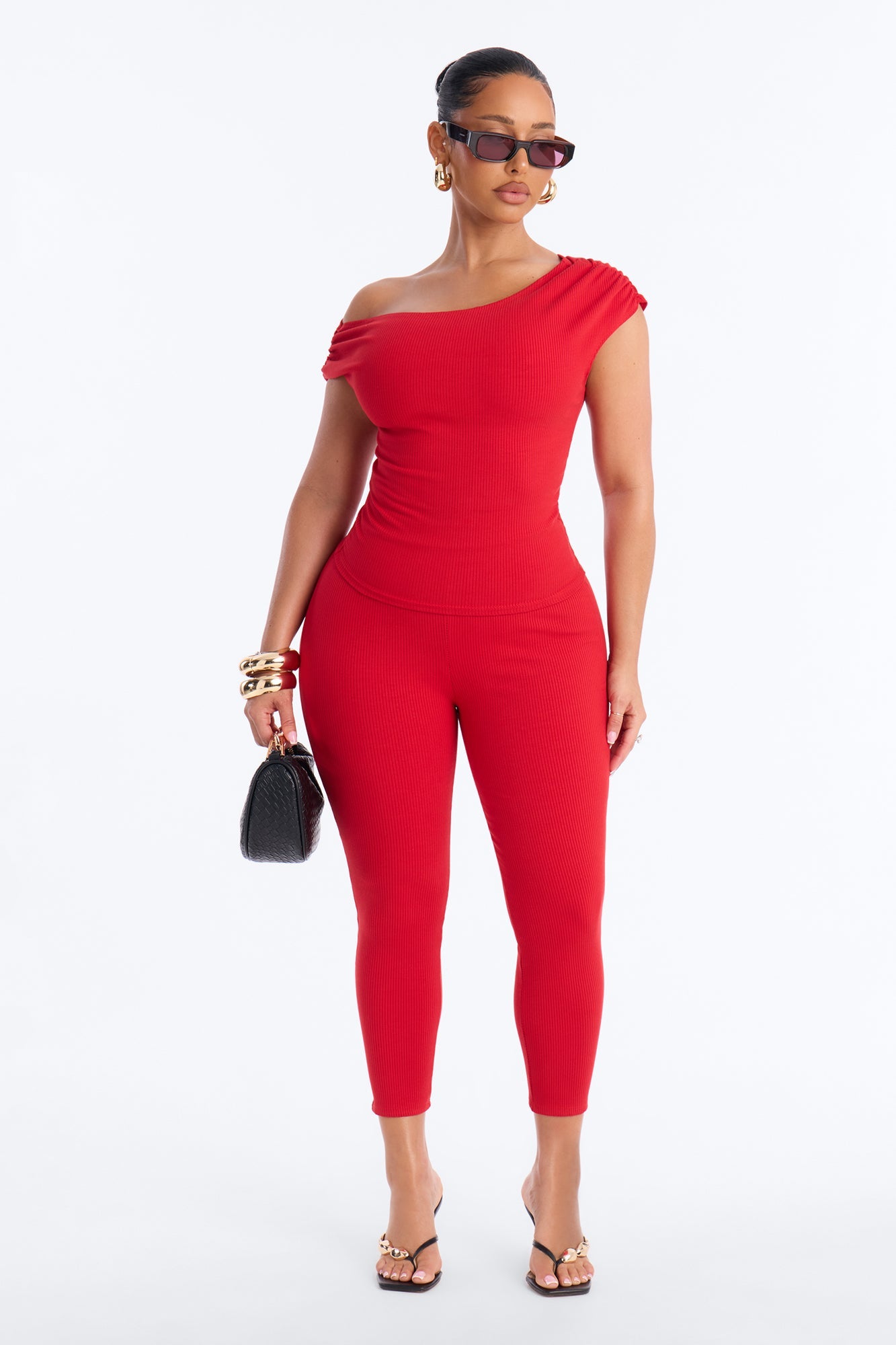 Ariella Off Shoulder Snatched Capri Set - Red