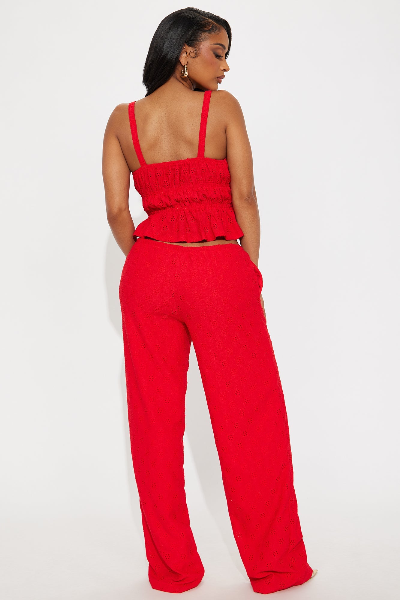 Sasha Knit Eyelet Wide Leg Pant Set - Red
