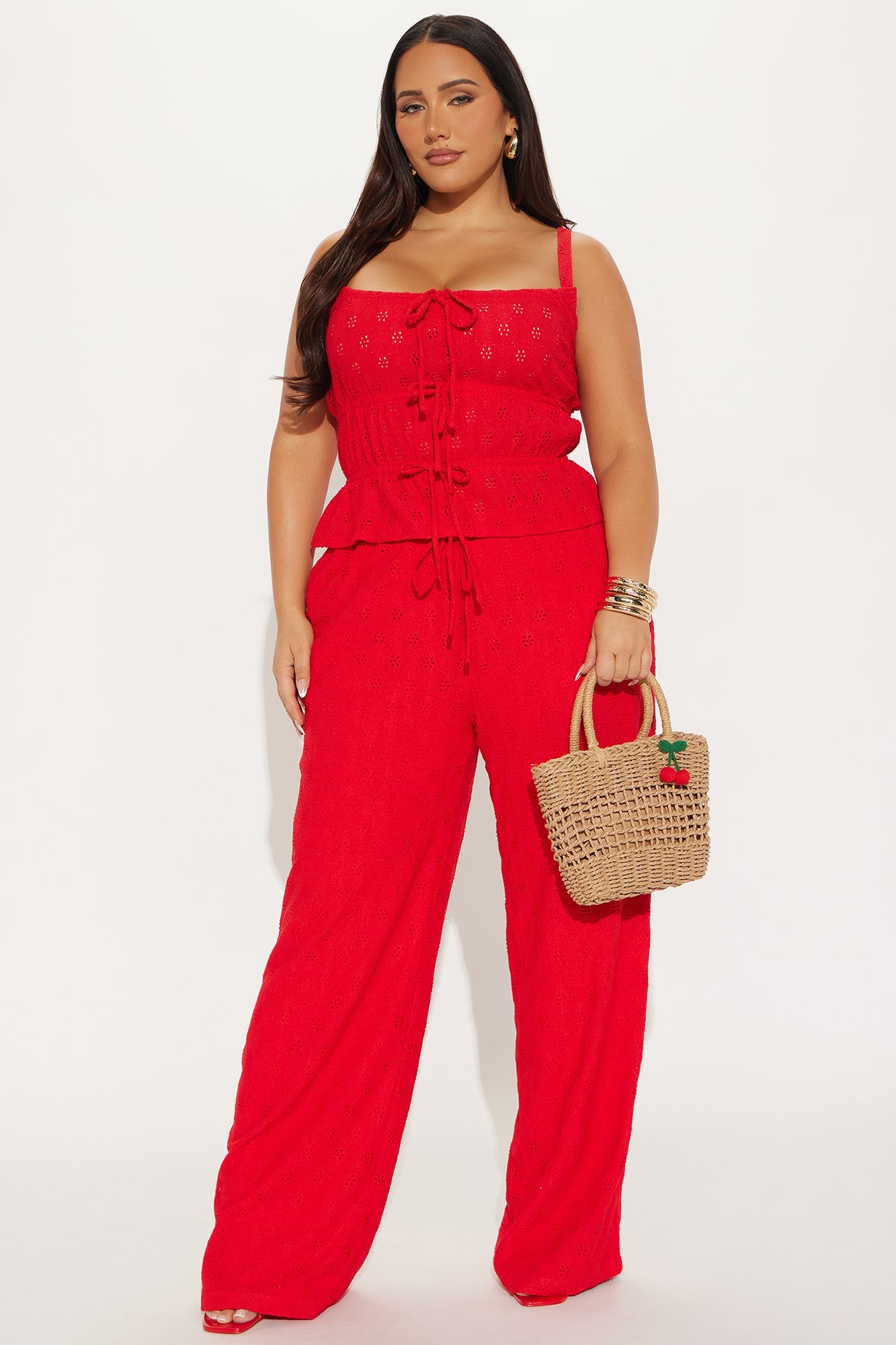Sasha Knit Eyelet Wide Leg Pant Set - Red