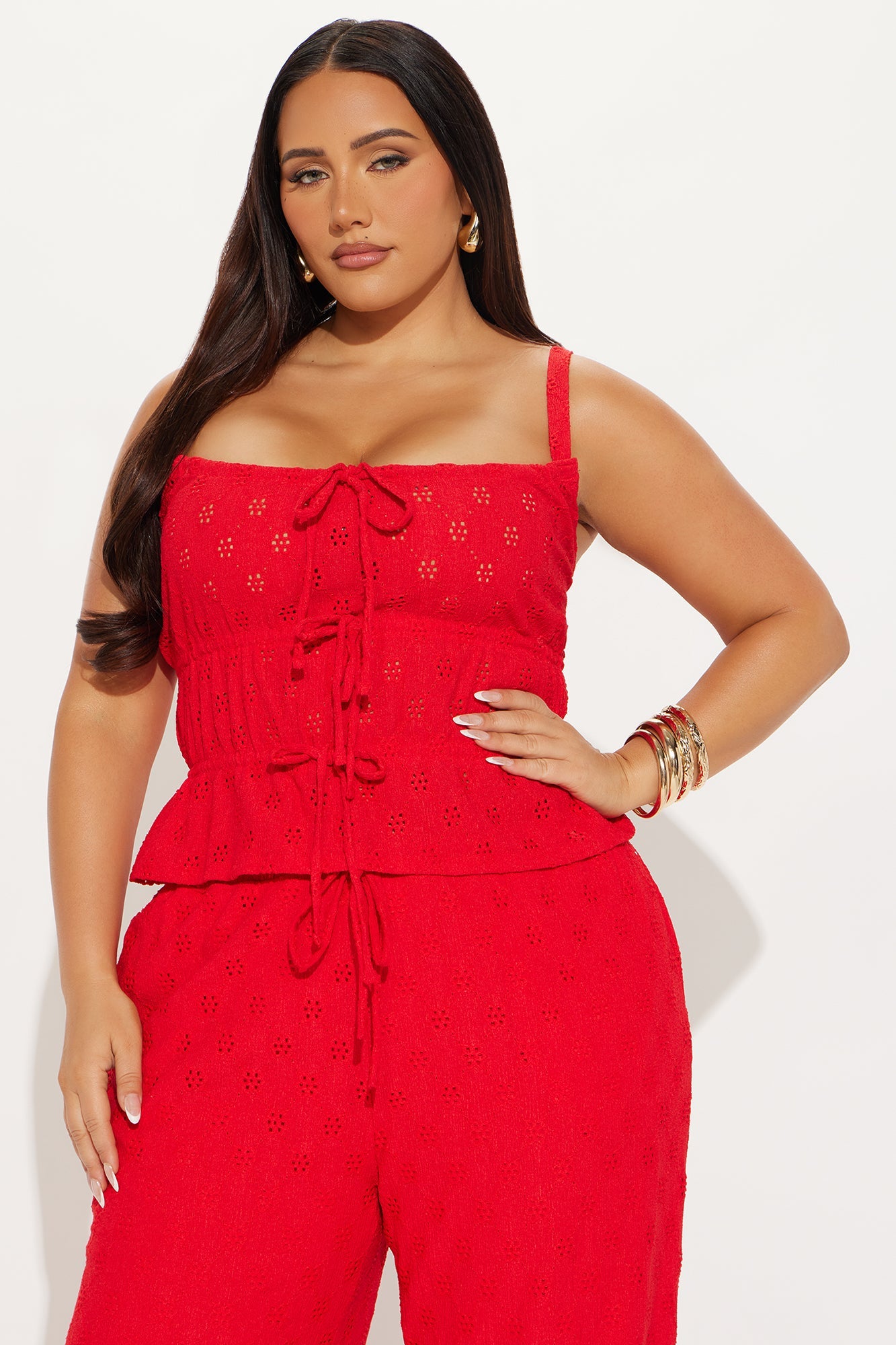 Sasha Knit Eyelet Wide Leg Pant Set - Red