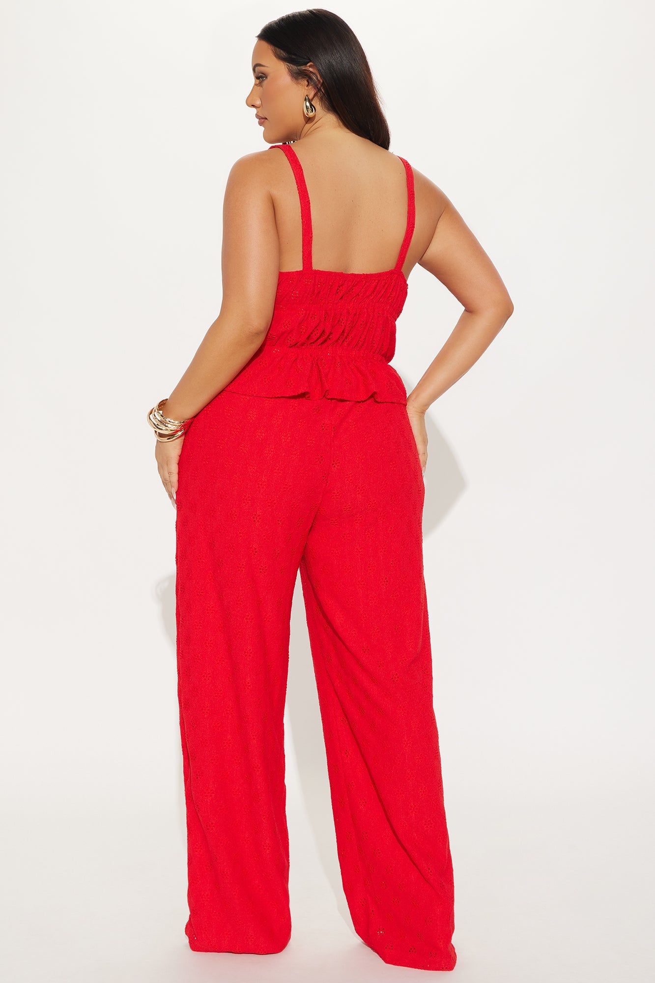 Sasha Knit Eyelet Wide Leg Pant Set - Red