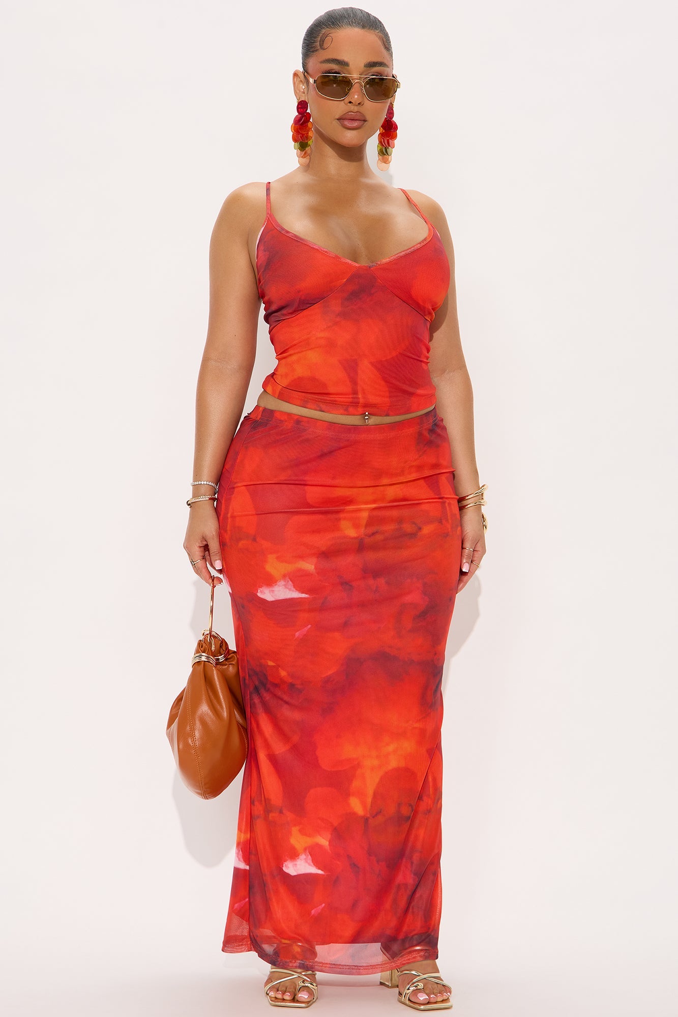 Coastal Mesh Cami Top and Maxi Skirt Set - Red/combo