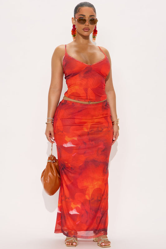 Coastal Mesh Cami Top and Maxi Skirt Set - Red/combo